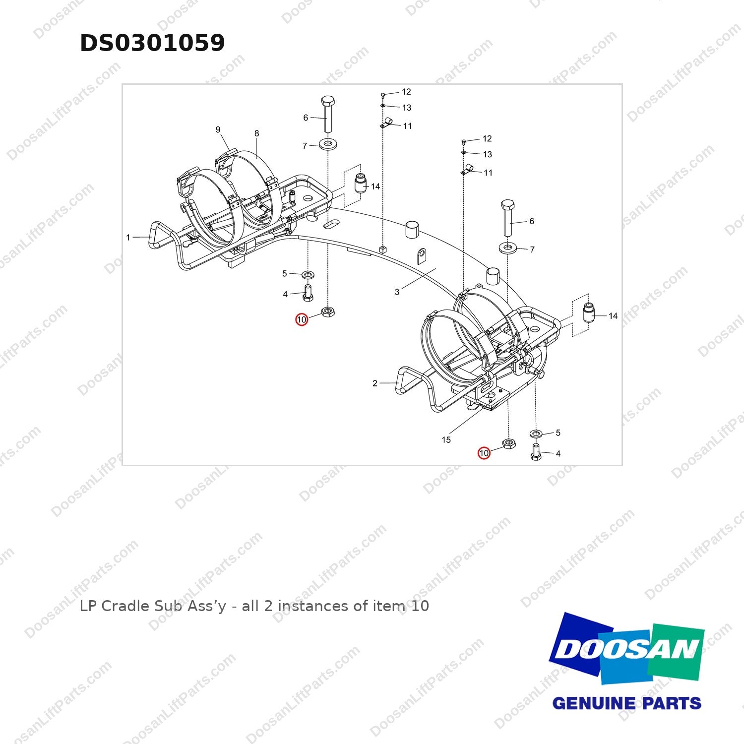 DS0301059 LP Cradle Sub Ass'y - full parts diagram, item 10 marked - genuine Doosan / Bobcat forklift part