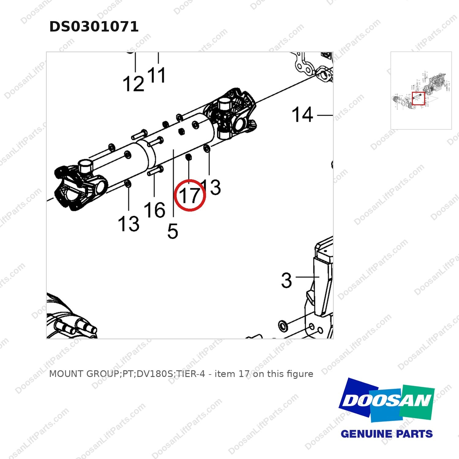 DS0301071 MOUNT GROUP;PT;DV180S;TIER-4 - parts diagram, item 17 shown - genuine Doosan / Bobcat forklift part