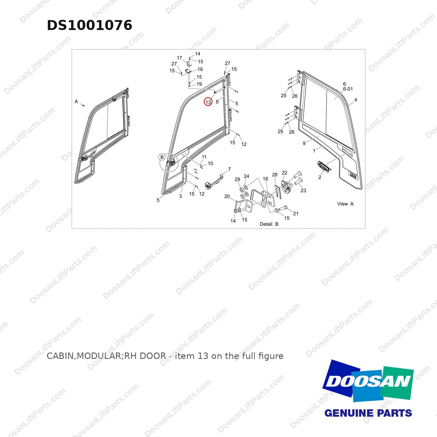DS1001076 CABIN,MODULAR;RH DOOR - full parts diagram, item 13 marked - genuine Doosan / Bobcat forklift part