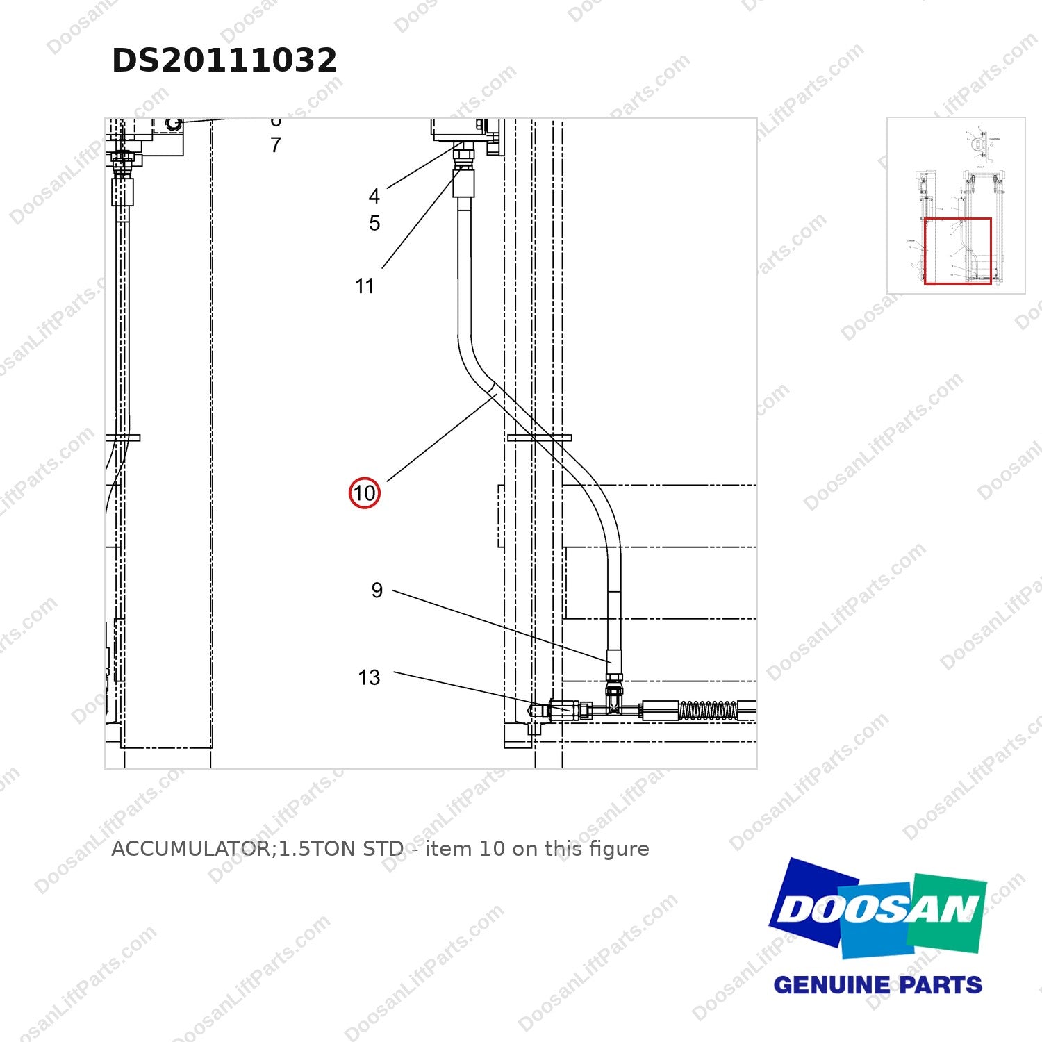 DS20111032 ACCUMULATOR;1.5TON STD - parts diagram, item 10 shown - genuine Doosan / Bobcat forklift part