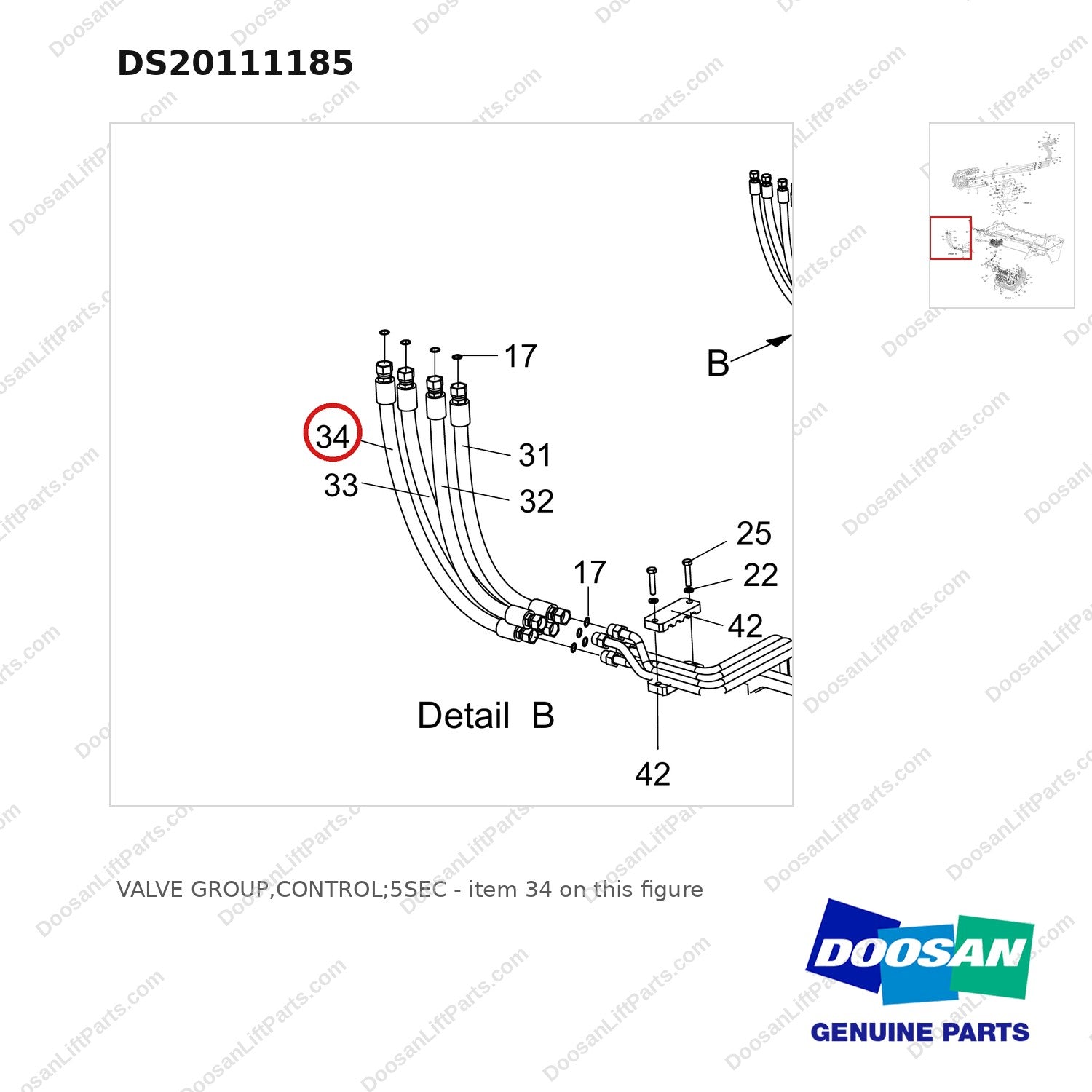 DS20111185 VALVE GROUP,CONTROL;5SEC - parts diagram, item 34 shown - genuine Doosan / Bobcat forklift part