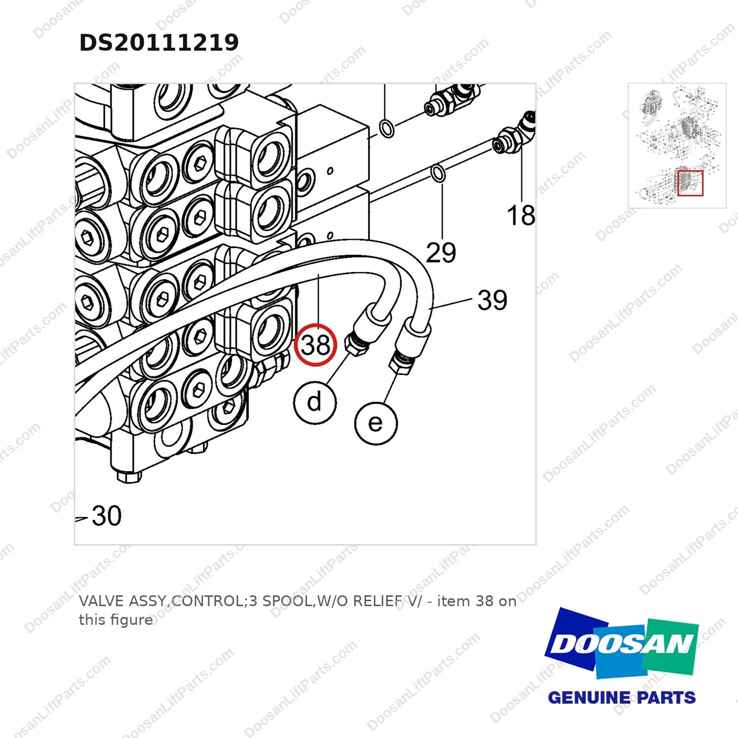 DS20111219 VALVE ASSY,CONTROL;3 SPOOL,W/O RELIEF V/ - parts diagram, item 38 shown - genuine Doosan / Bobcat forklift part