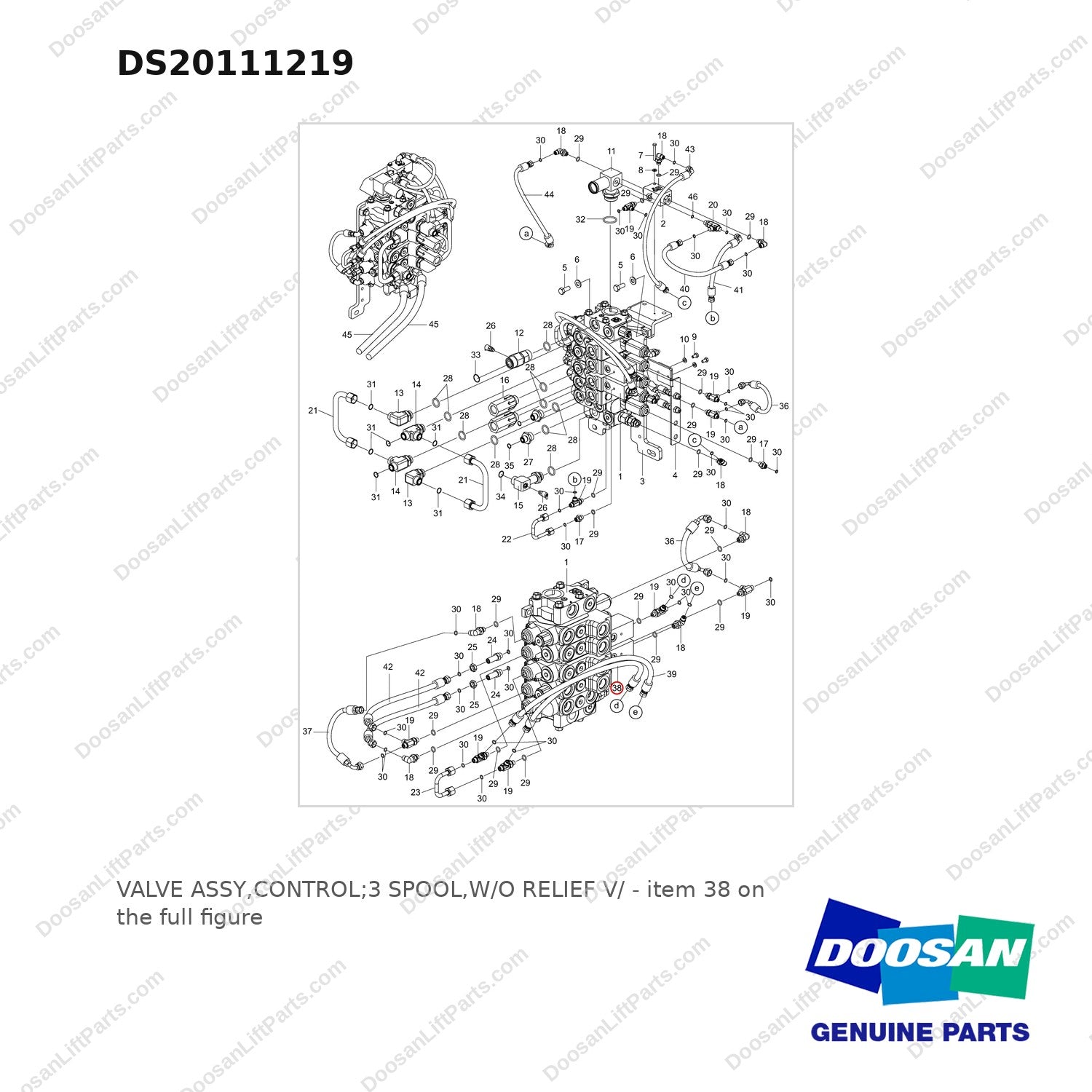 DS20111219 VALVE ASSY,CONTROL;3 SPOOL,W/O RELIEF V/ - full parts diagram, item 38 marked - genuine Doosan / Bobcat forklift part