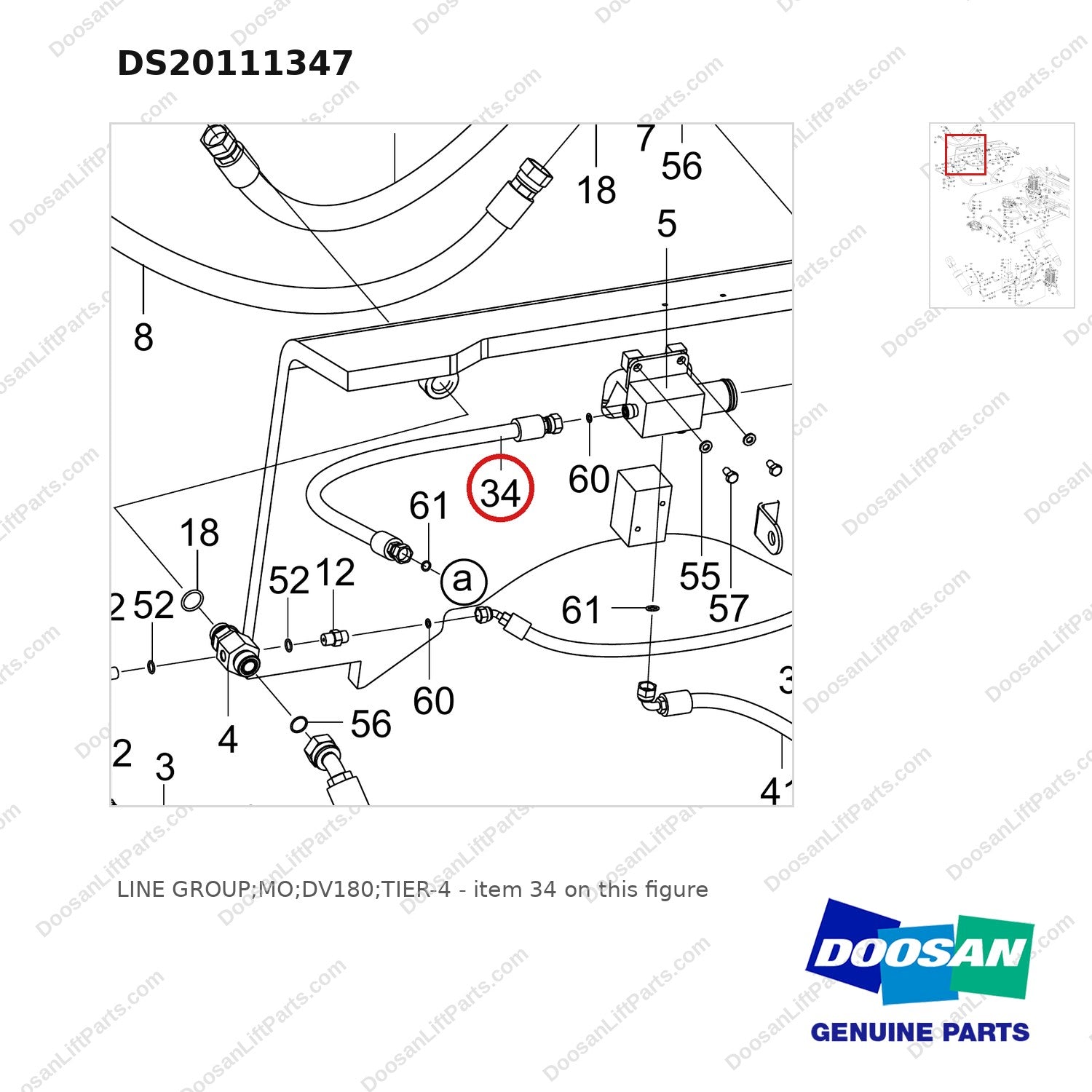 DS20111347 LINE GROUP;MO;DV180;TIER-4 - parts diagram, item 34 shown - genuine Doosan / Bobcat forklift part