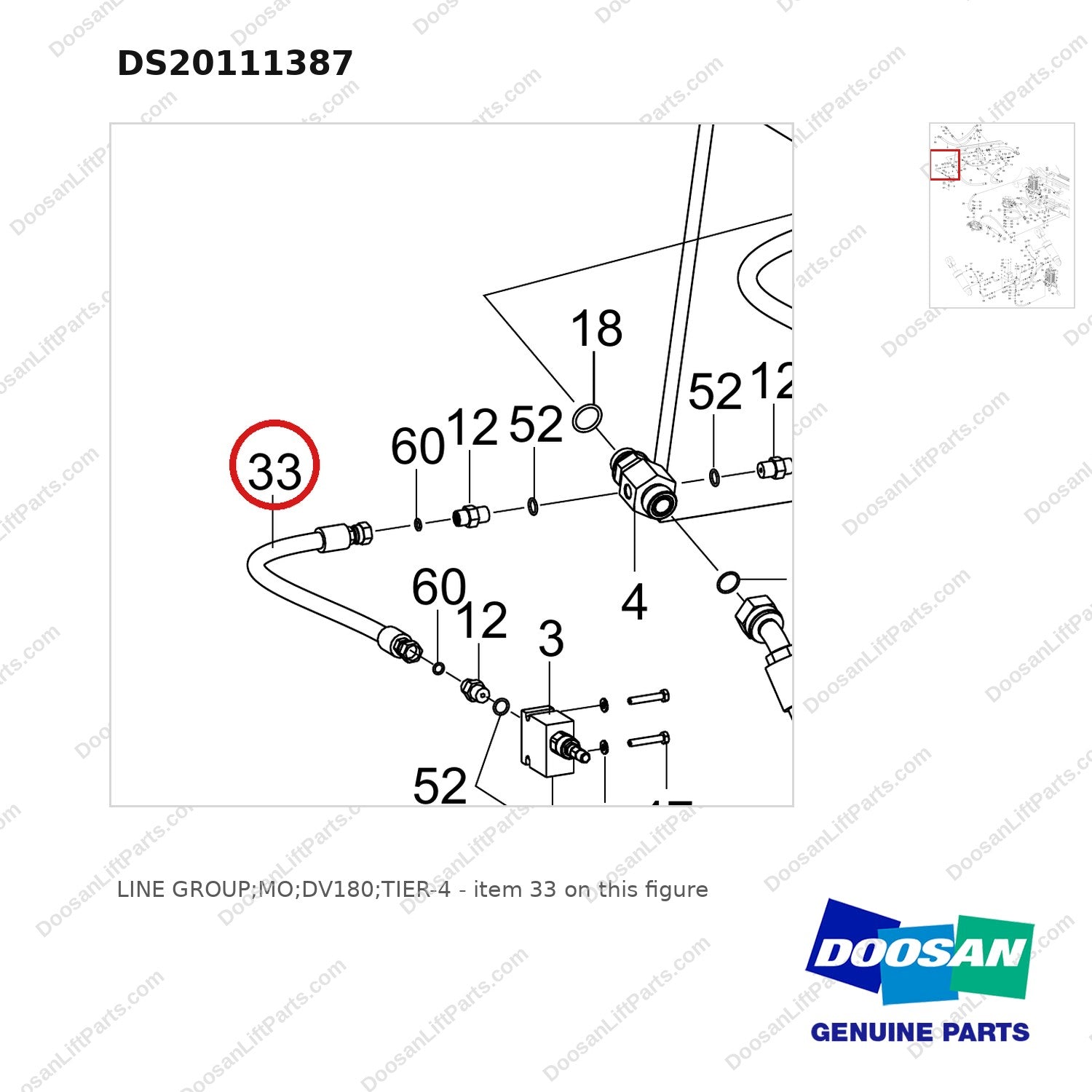 DS20111387 LINE GROUP;MO;DV180;TIER-4 - parts diagram, item 33 shown - genuine Doosan / Bobcat forklift part