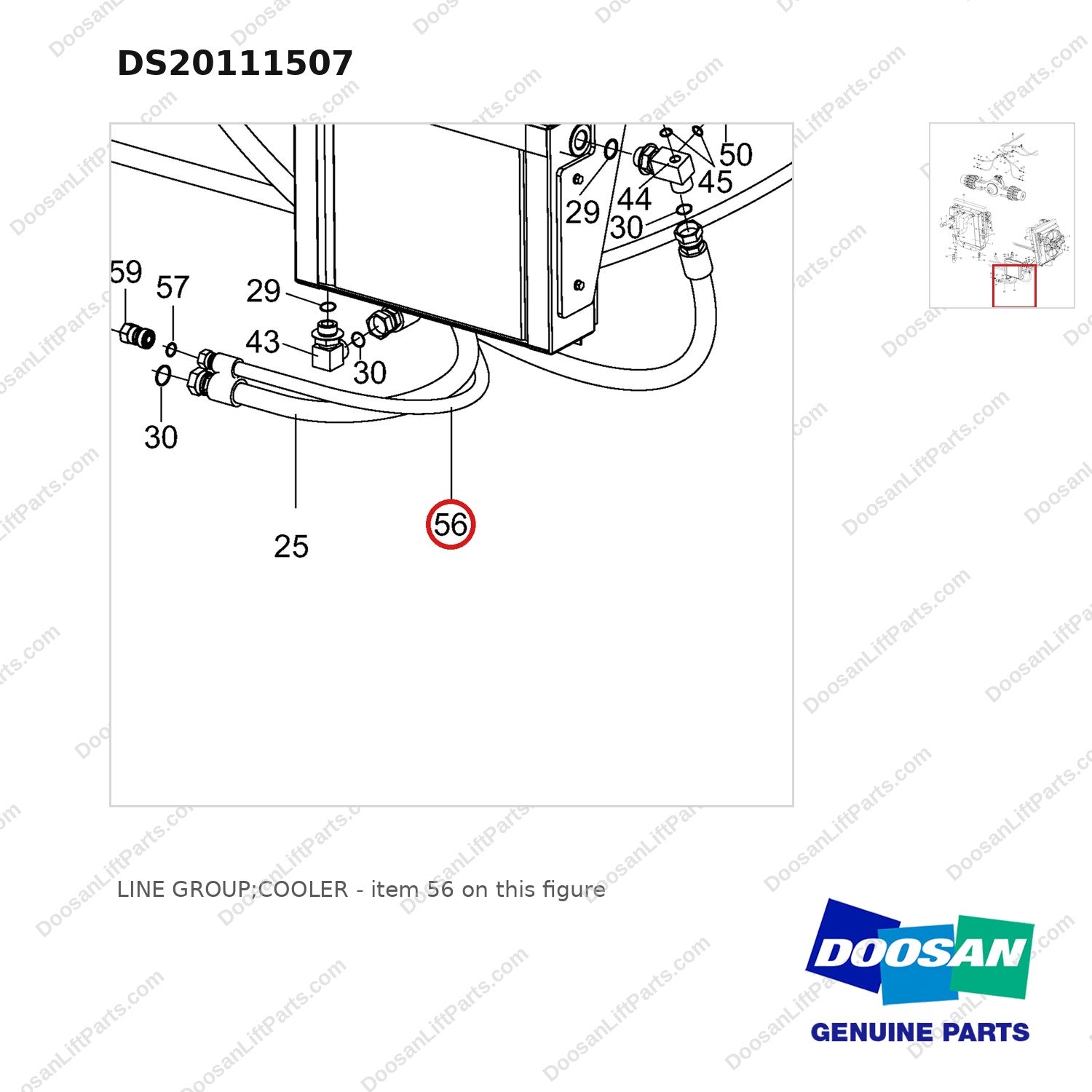 DS20111507 LINE GROUP;COOLER - parts diagram, item 56 shown - genuine Doosan / Bobcat forklift part