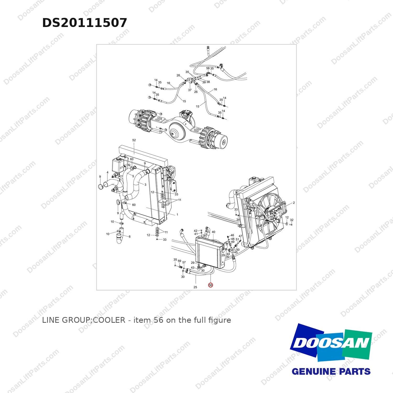 DS20111507 LINE GROUP;COOLER - full parts diagram, item 56 marked - genuine Doosan / Bobcat forklift part