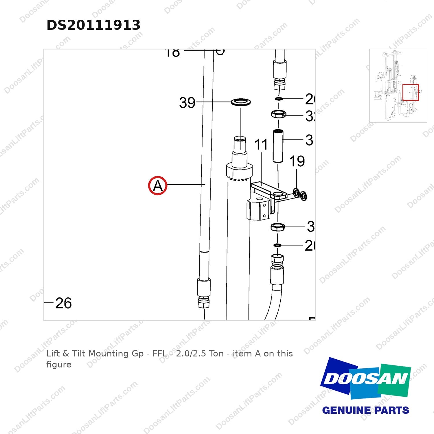 DS20111913 Lift & Tilt Mounting Gp - FFL - 2.0/2.5 Ton - parts diagram, item A shown - genuine Doosan / Bobcat forklift part