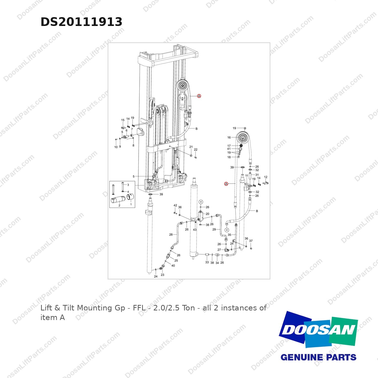 DS20111913 Lift & Tilt Mounting Gp - FFL - 2.0/2.5 Ton - full parts diagram, item A marked - genuine Doosan / Bobcat forklift part