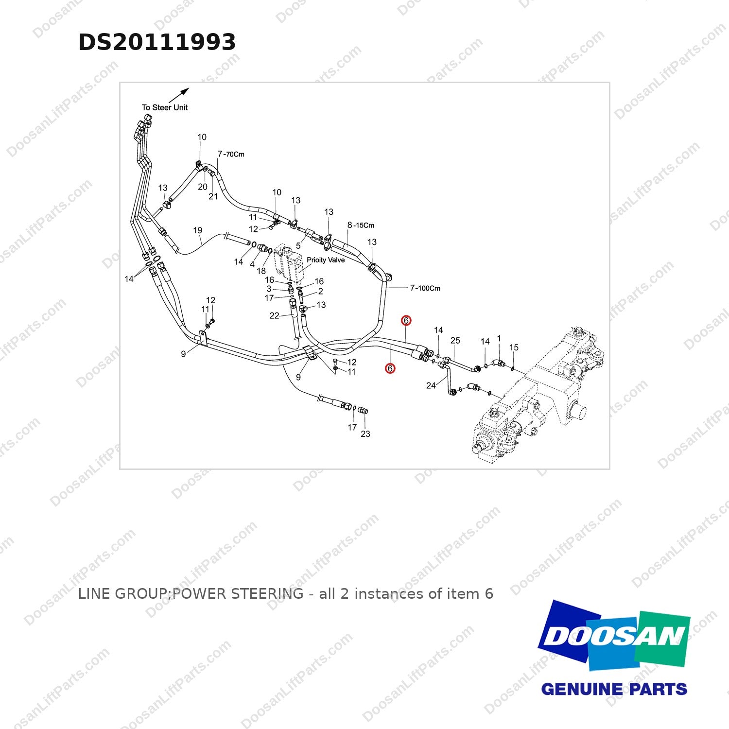 DS20111993 LINE GROUP;POWER STEERING - full parts diagram, item 6 marked - genuine Doosan / Bobcat forklift part