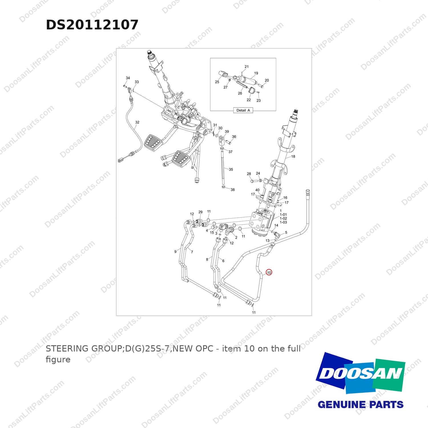 DS20112107 STEERING GROUP;D(G)25S-7,NEW OPC - full parts diagram, item 10 marked - genuine Doosan / Bobcat forklift part