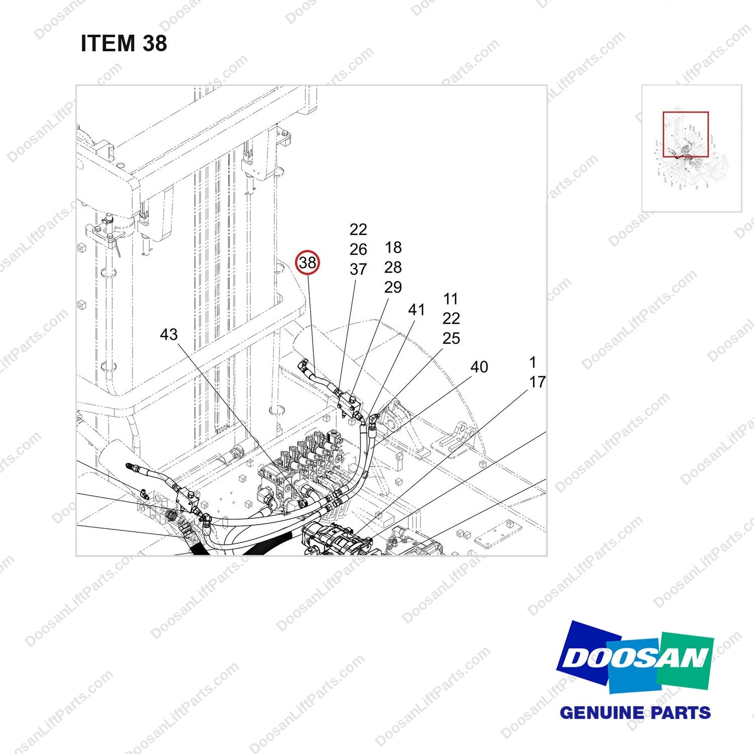 DS20112235 LINE GP-FINGERTIP M.O;LINE,ANTI SURGE - parts diagram, item 38 shown - genuine Doosan / Bobcat forklift part