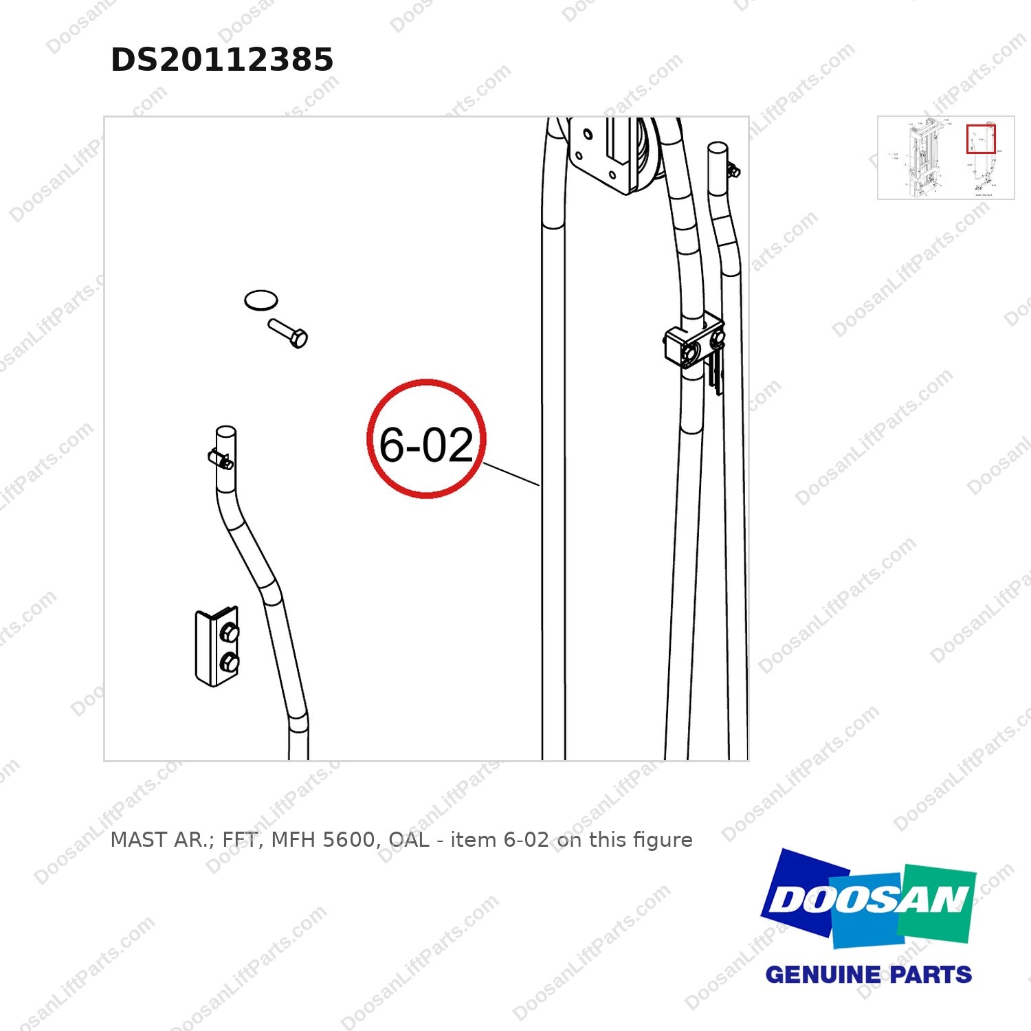 DS20112385 MAST AR.; FFT,  MFH 5600, OAL - parts diagram, item 6-02 shown - genuine Doosan / Bobcat forklift part