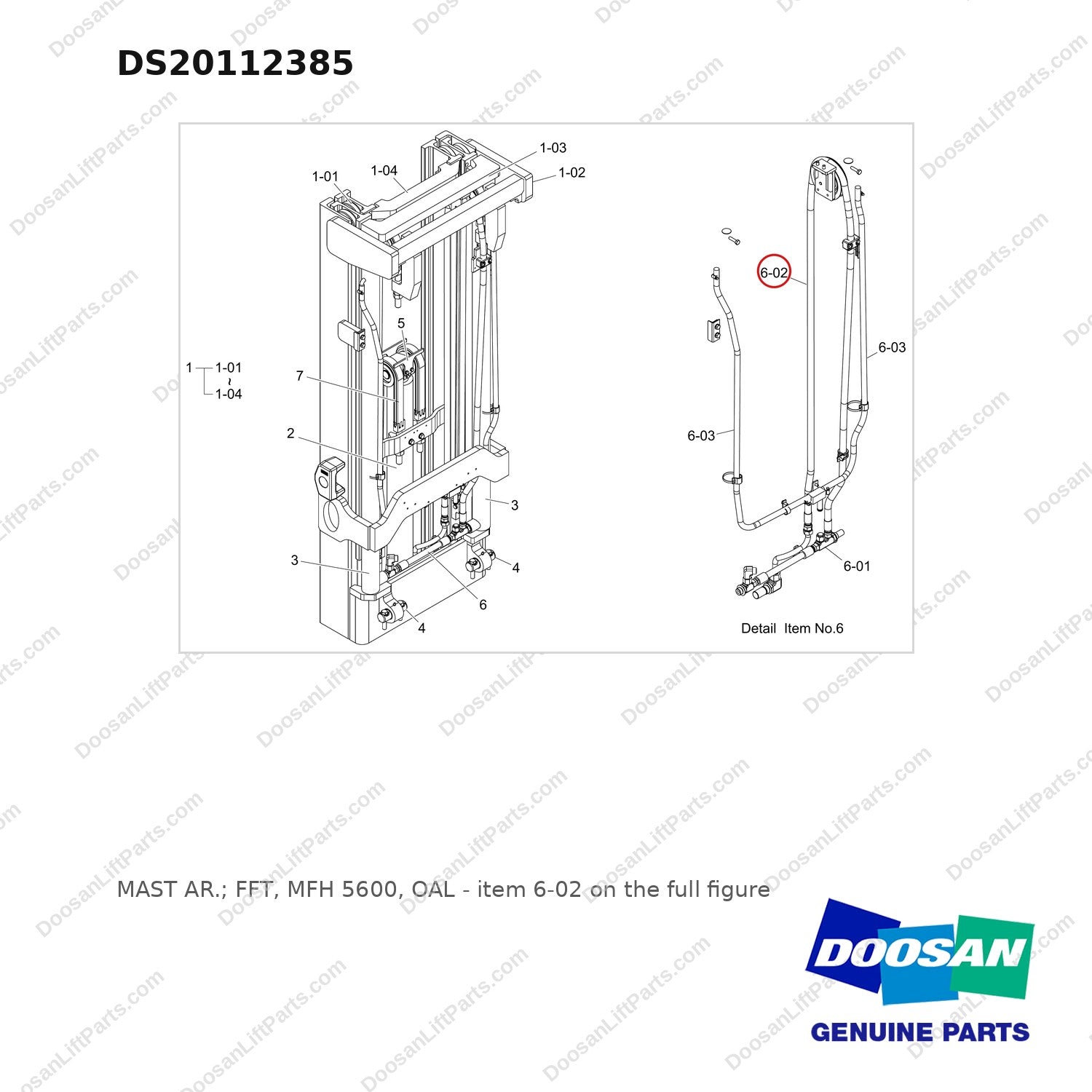 DS20112385 MAST AR.; FFT,  MFH 5600, OAL - full parts diagram, item 6-02 marked - genuine Doosan / Bobcat forklift part