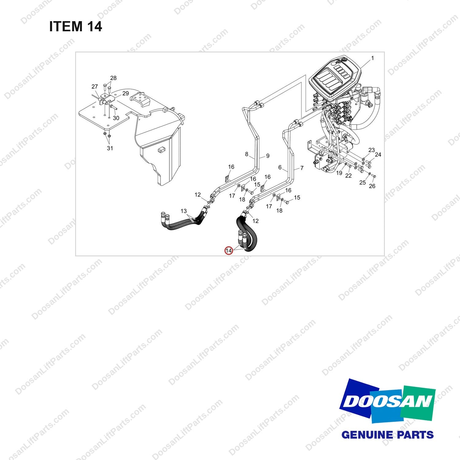 DS20112413 FINGERTIP C/V GP;D40S-9 4WAY - full parts diagram, item 14 marked - genuine Doosan / Bobcat forklift part