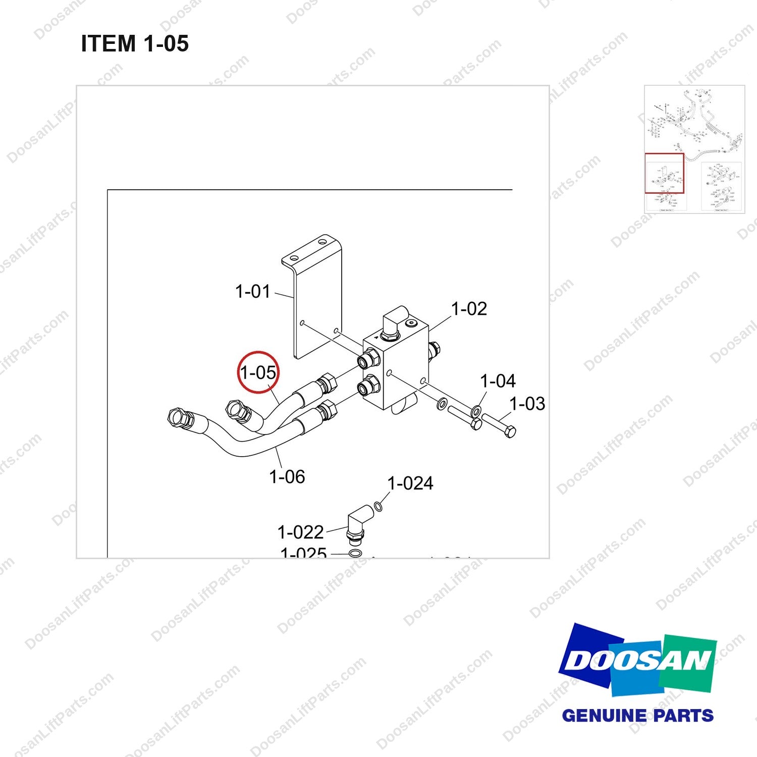 DS20112418 MAST OPERATING LINE GROUP_LINE;FINGER-TI - parts diagram, item 1-05 shown - genuine Doosan / Bobcat forklift part