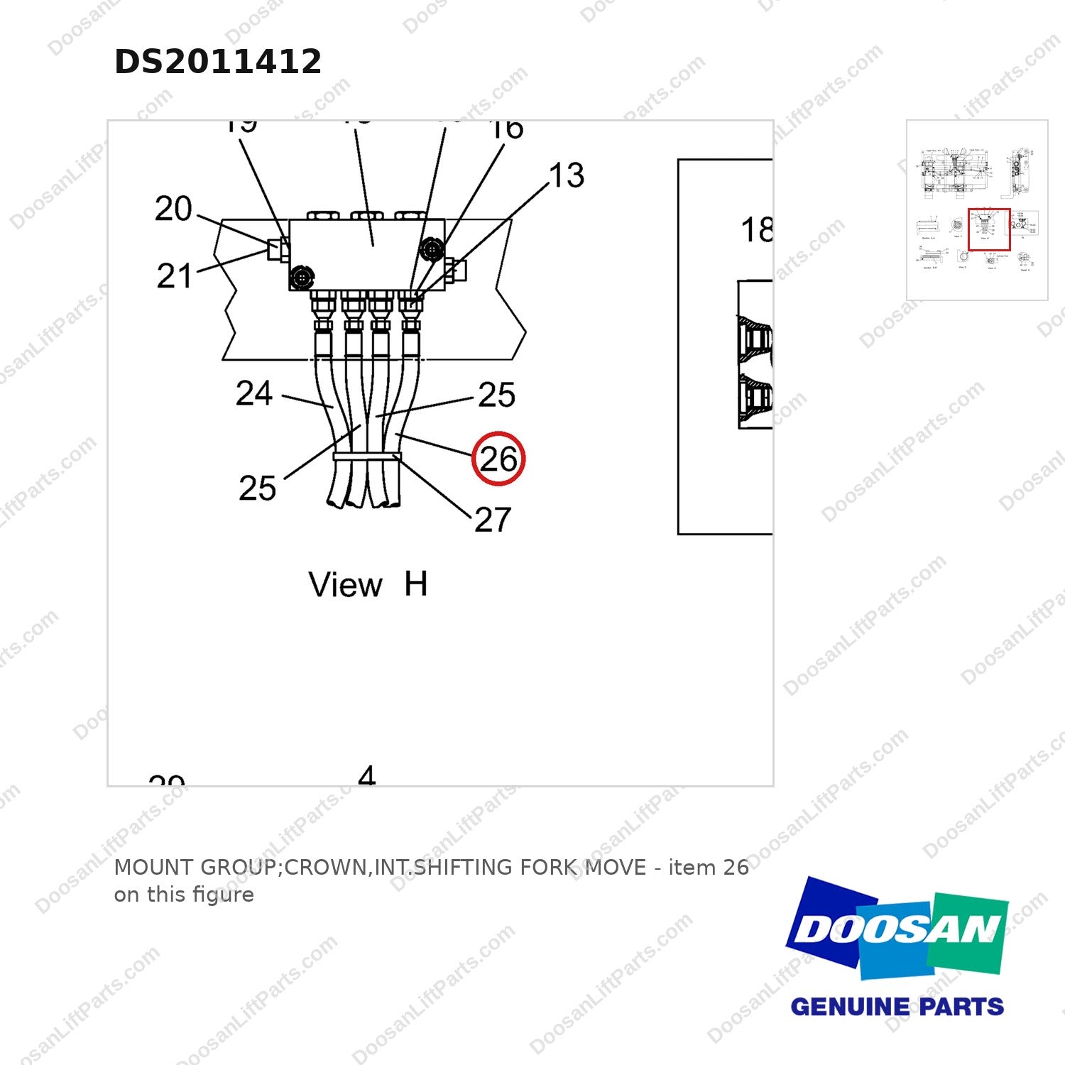 DS2011412 MOUNT GROUP;CROWN,INT.SHIFTING FORK MOVE - parts diagram, item 26 shown - genuine Doosan / Bobcat forklift part