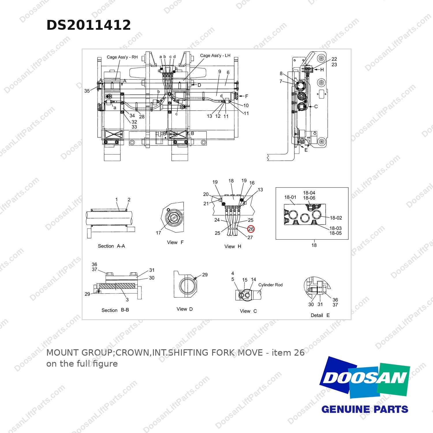 DS2011412 MOUNT GROUP;CROWN,INT.SHIFTING FORK MOVE - full parts diagram, item 26 marked - genuine Doosan / Bobcat forklift part