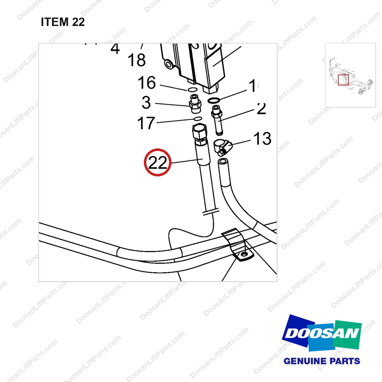 DS2011413 Lines Gp-Power Steering - parts diagram, item 22 shown - genuine Doosan / Bobcat forklift part