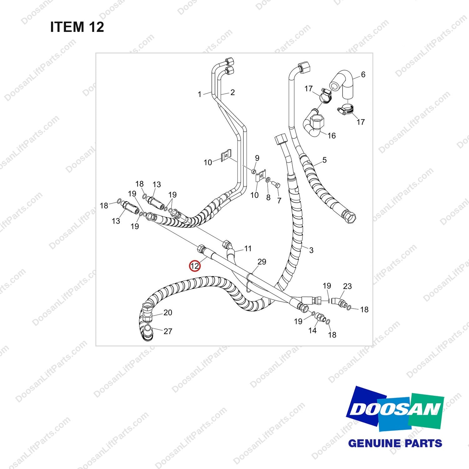 DS2011457 MAST OPERATING LINE GROUP_LINE;STD - full parts diagram, item 12 marked - genuine Doosan / Bobcat forklift part