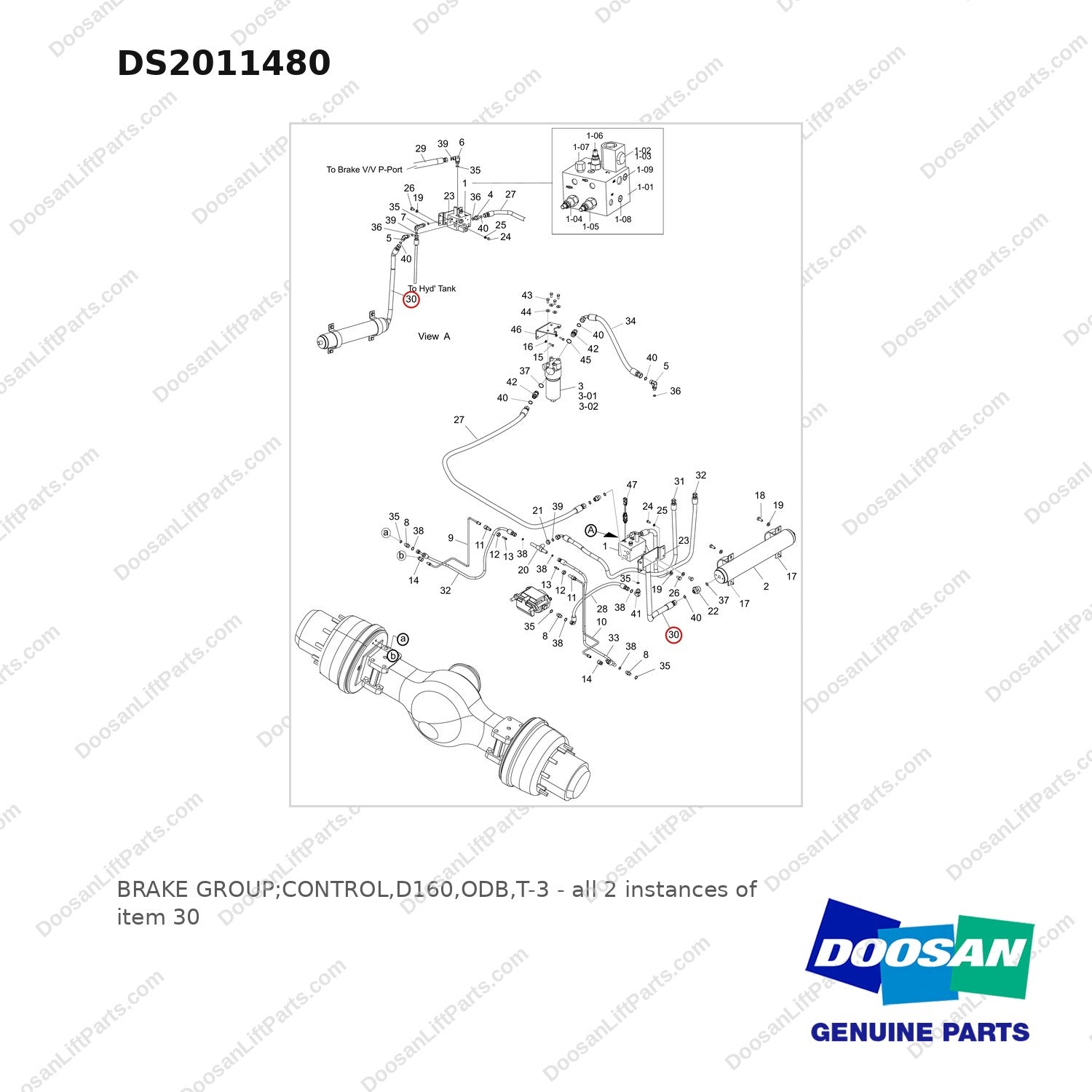 DS2011480 BRAKE GROUP;CONTROL,D160,ODB,T-3 - full parts diagram, item 30 marked - genuine Doosan / Bobcat forklift part