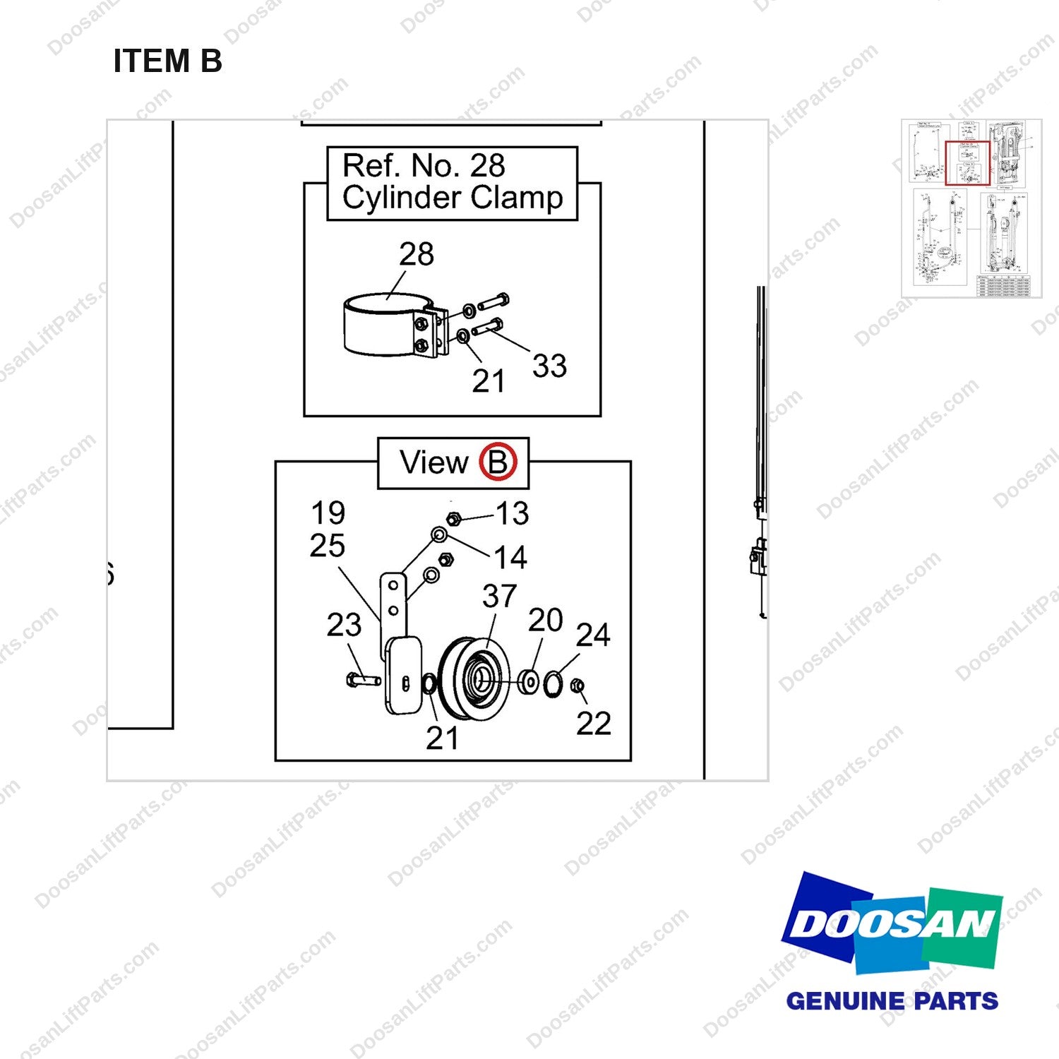 DS2011652 MOUNT GROUP,LIFT - parts diagram, item B shown - genuine Doosan / Bobcat forklift part