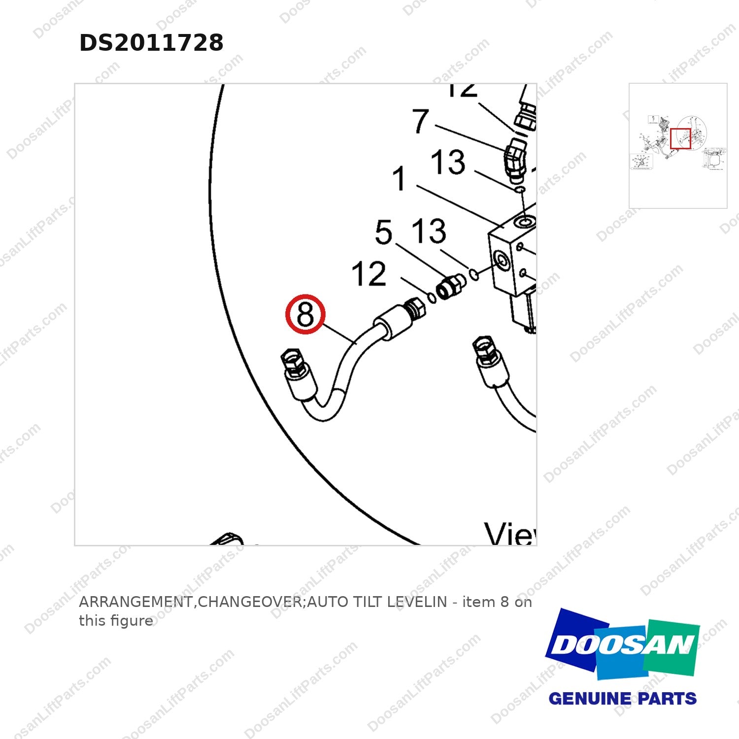 DS2011728 ARRANGEMENT,CHANGEOVER;AUTO TILT LEVELIN - parts diagram, item 8 shown - genuine Doosan / Bobcat forklift part