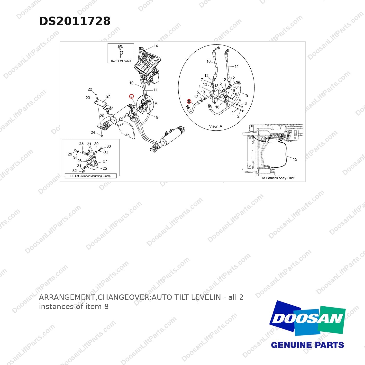 DS2011728 ARRANGEMENT,CHANGEOVER;AUTO TILT LEVELIN - full parts diagram, item 8 marked - genuine Doosan / Bobcat forklift part