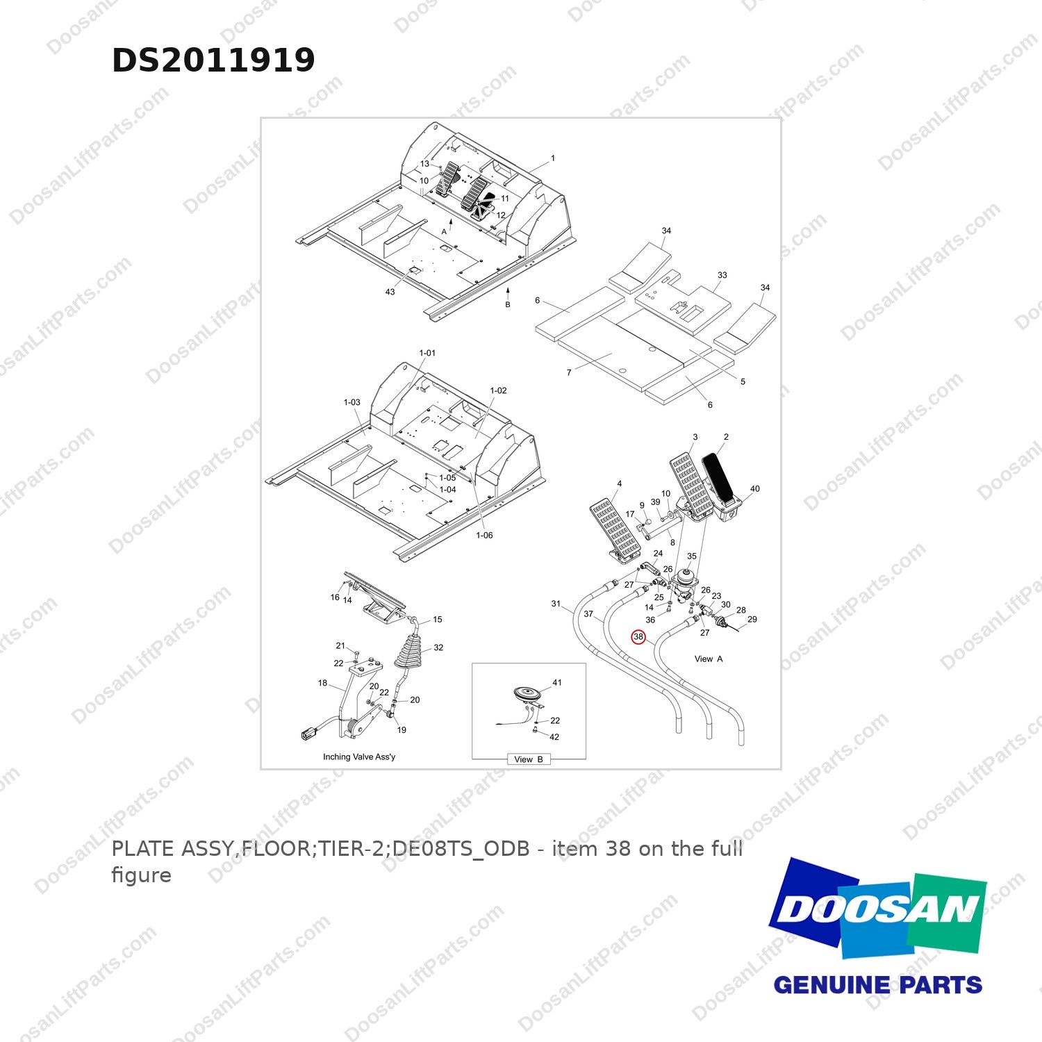 DS2011919 PLATE ASSY,FLOOR;TIER-2;DE08TS_ODB - full parts diagram, item 38 marked - genuine Doosan / Bobcat forklift part