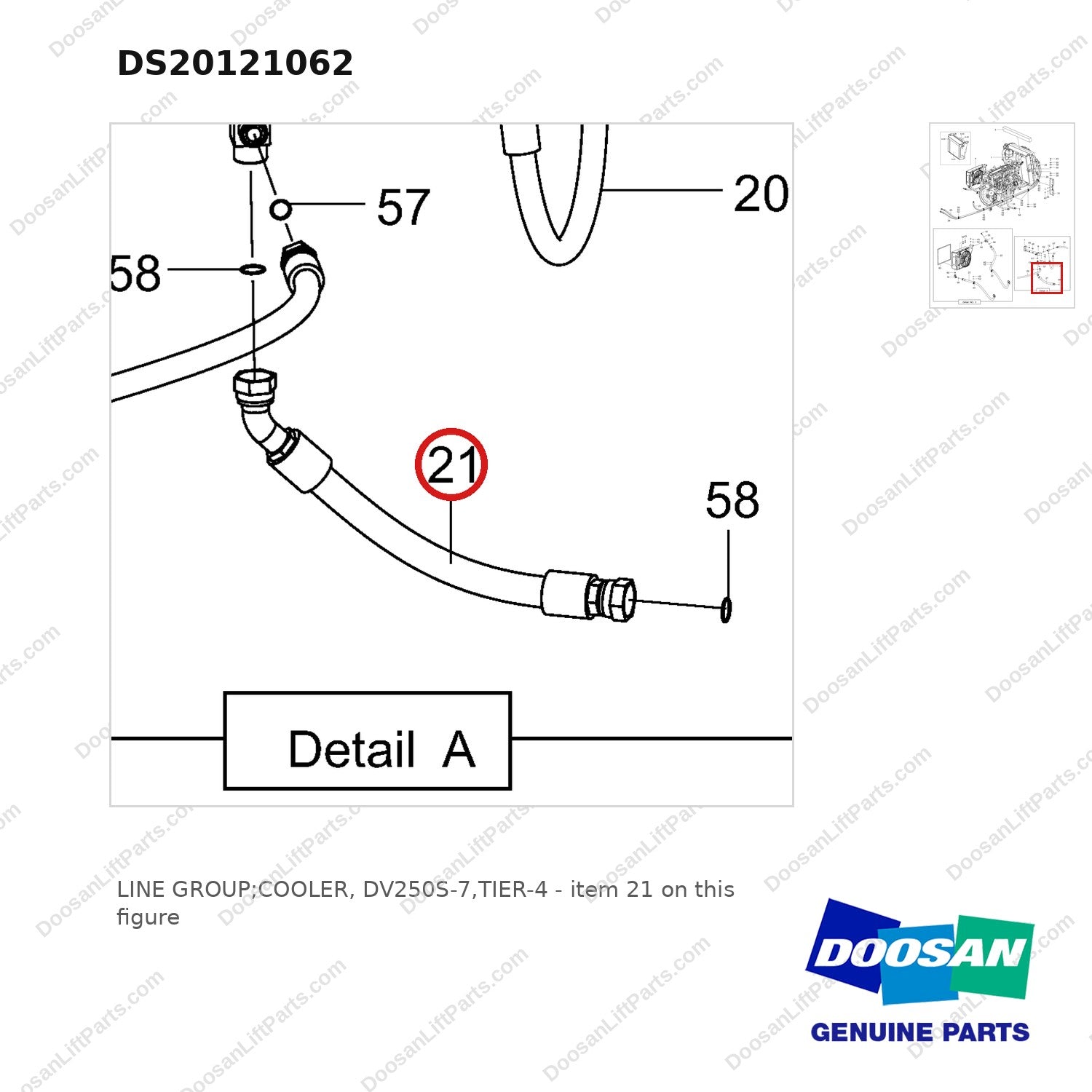 DS20121062 LINE GROUP;COOLER, DV250S-7,TIER-4 - parts diagram, item 21 shown - genuine Doosan / Bobcat forklift part
