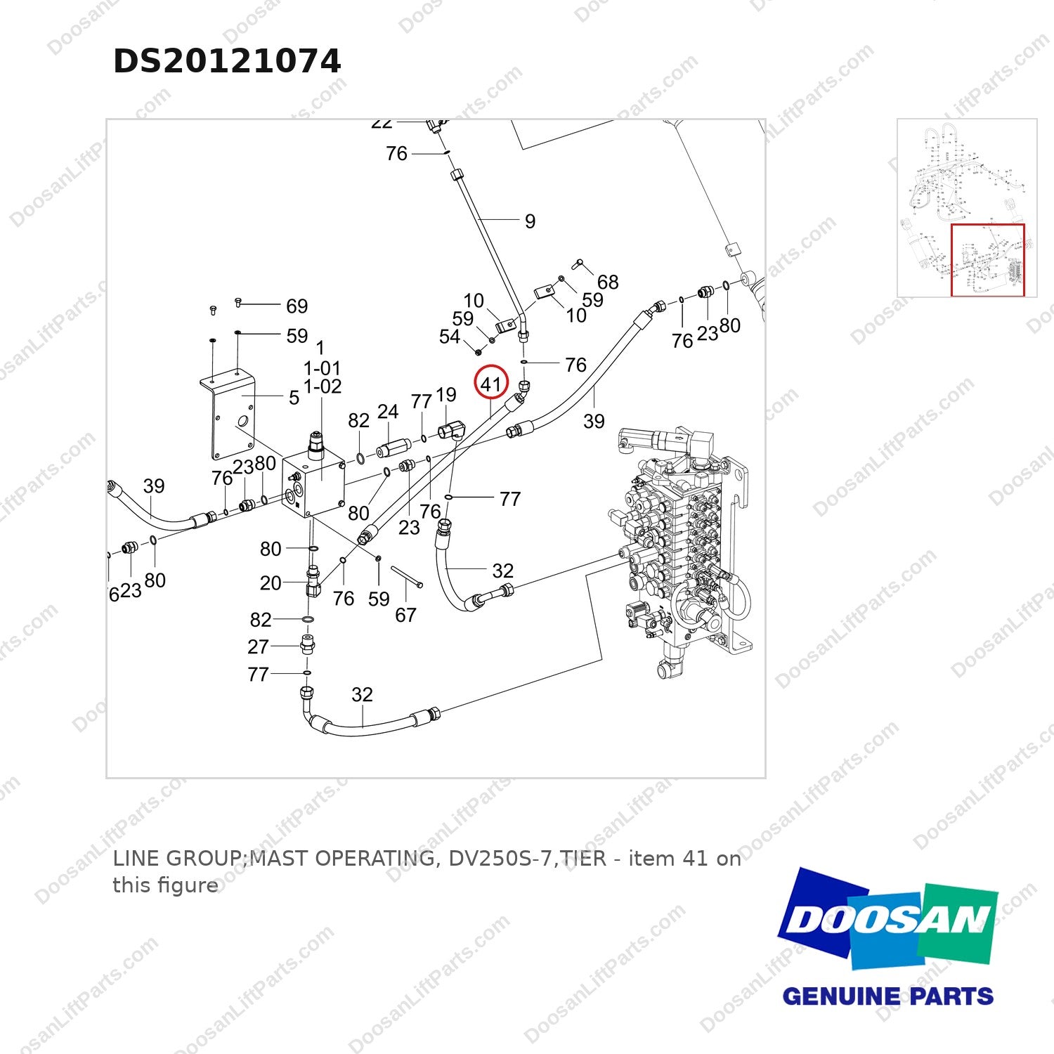 DS20121074 LINE GROUP;MAST OPERATING, DV250S-7,TIER - parts diagram, item 41 shown - genuine Doosan / Bobcat forklift part