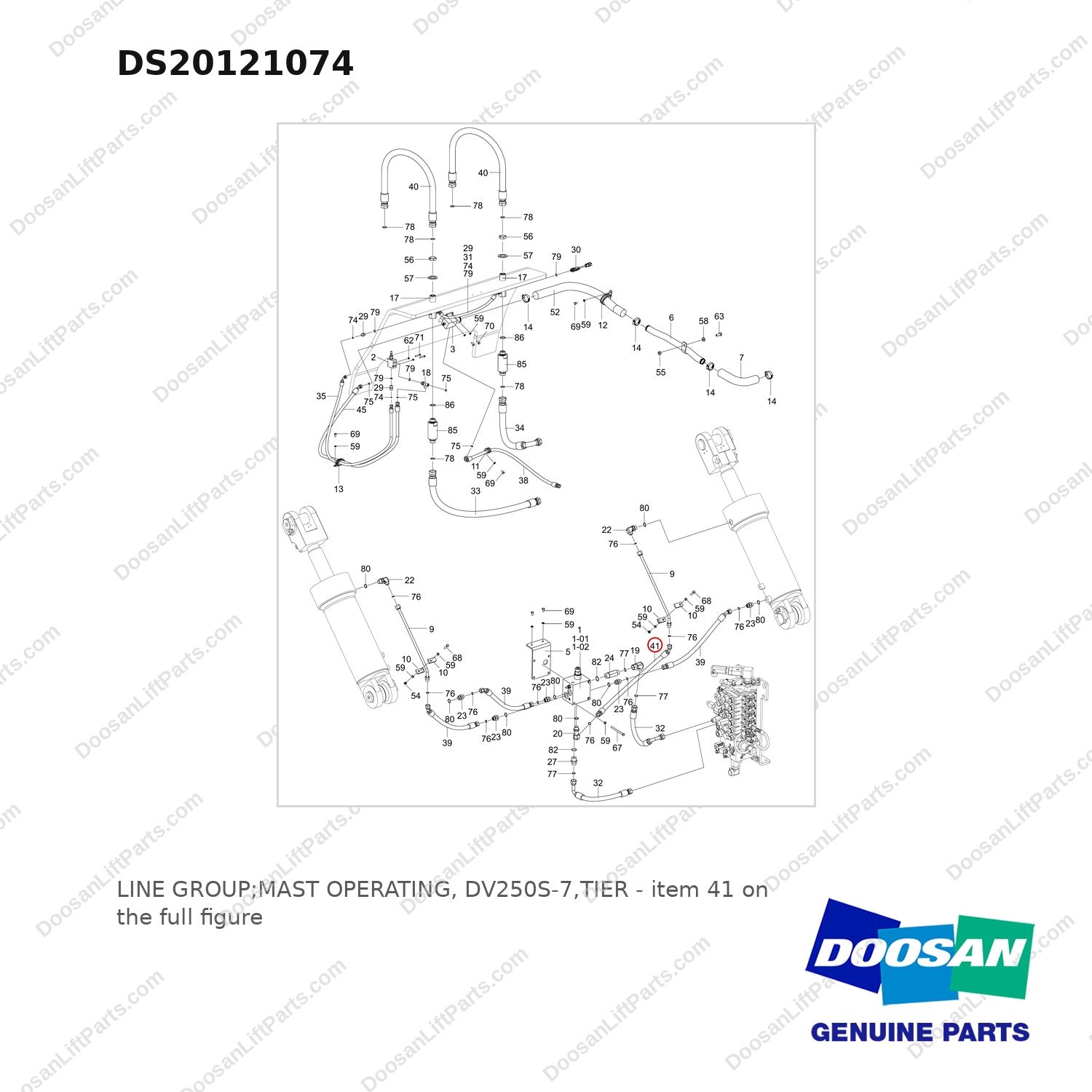 DS20121074 LINE GROUP;MAST OPERATING, DV250S-7,TIER - full parts diagram, item 41 marked - genuine Doosan / Bobcat forklift part