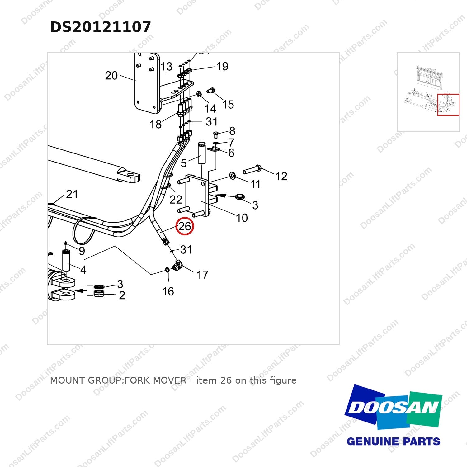 DS20121107 MOUNT GROUP;FORK MOVER - parts diagram, item 26 shown - genuine Doosan / Bobcat forklift part