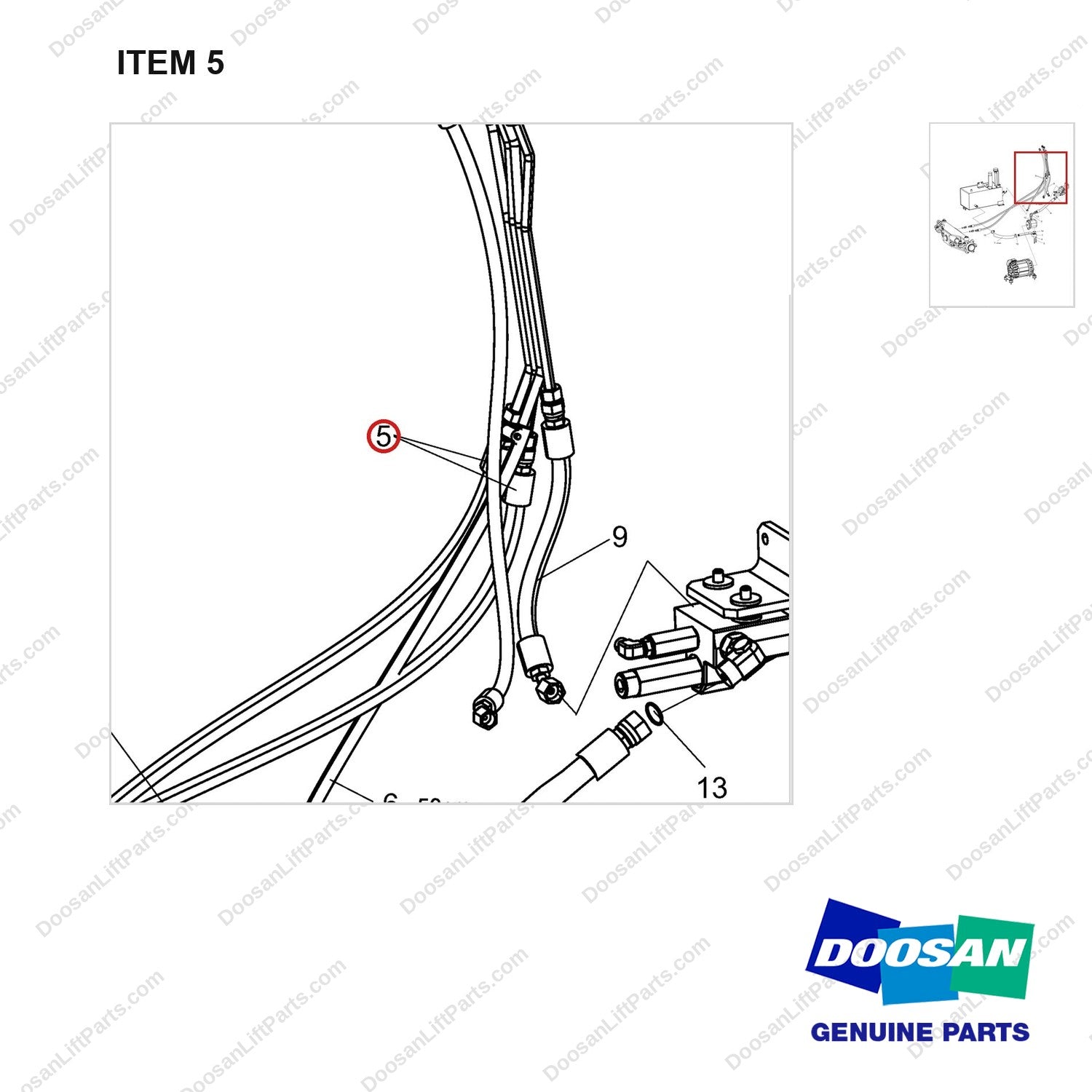 DS20121121 Lines Gp-Power Steering - parts diagram, item 5 shown - genuine Doosan / Bobcat forklift part