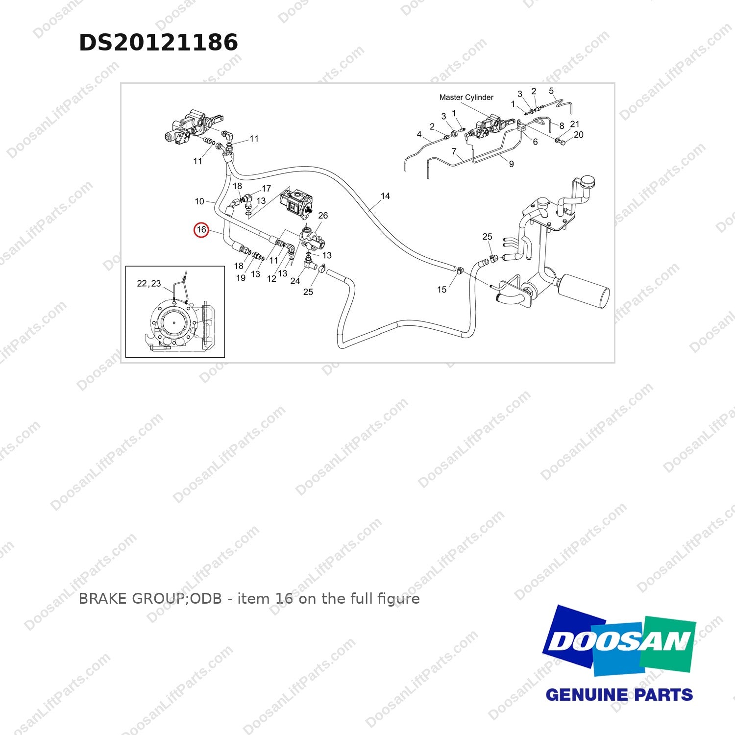 DS20121186 BRAKE GROUP;ODB - full parts diagram, item 16 marked - genuine Doosan / Bobcat forklift part