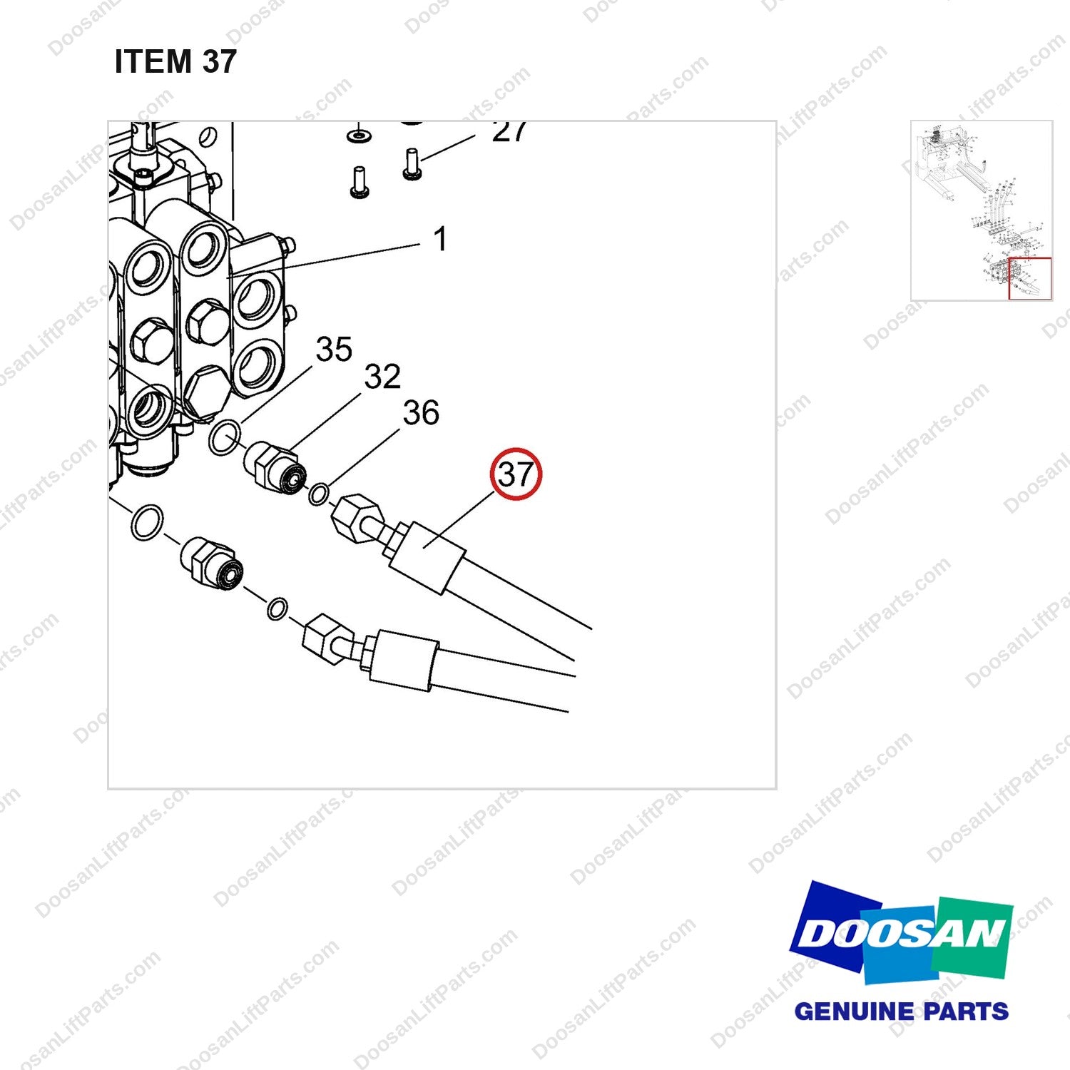 DS20121282 VALVE GROUP,CONTROL VALVE;4-SPOOL - parts diagram, item 37 shown - genuine Doosan / Bobcat forklift part