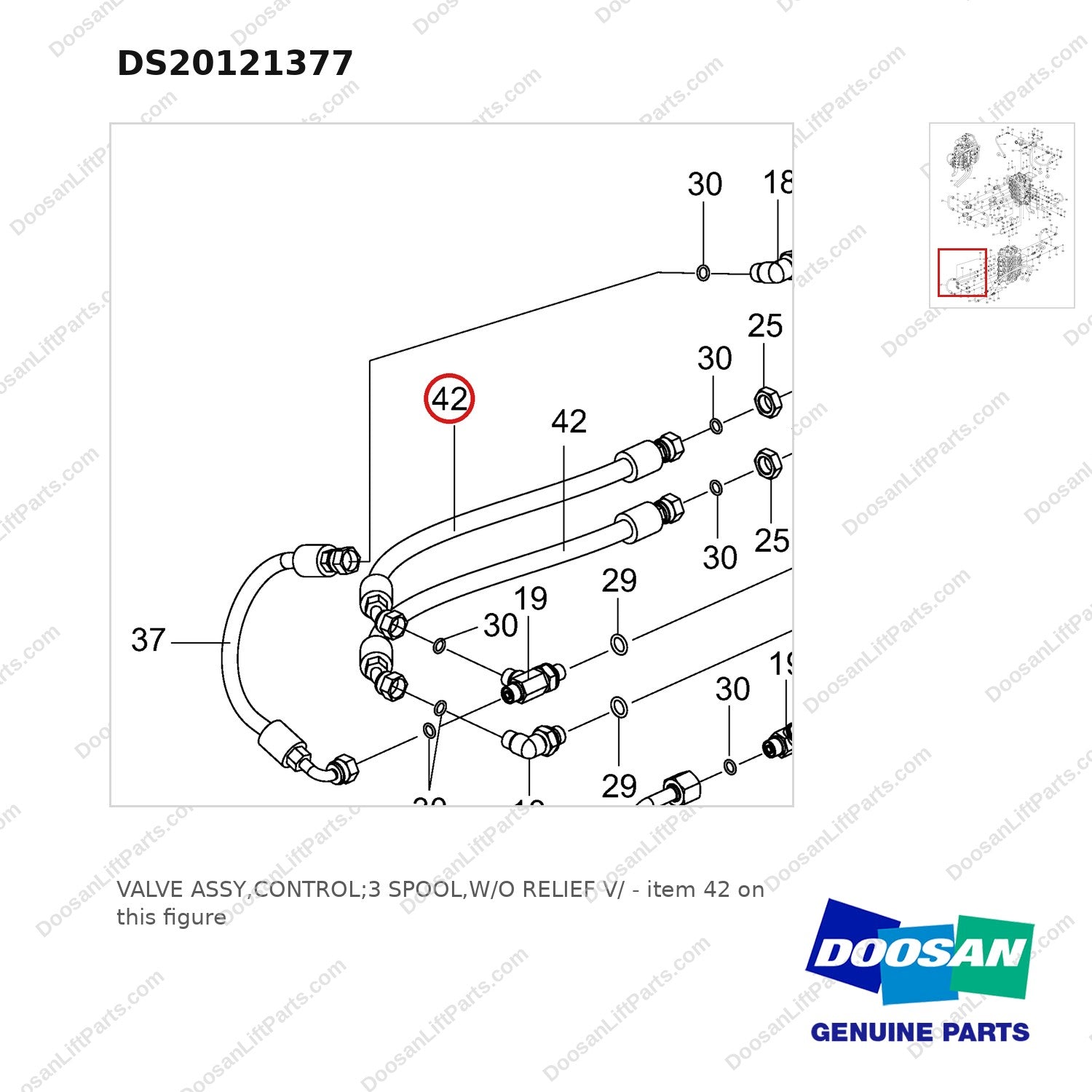 DS20121377 VALVE ASSY,CONTROL;3 SPOOL,W/O RELIEF V/ - parts diagram, item 42 shown - genuine Doosan / Bobcat forklift part