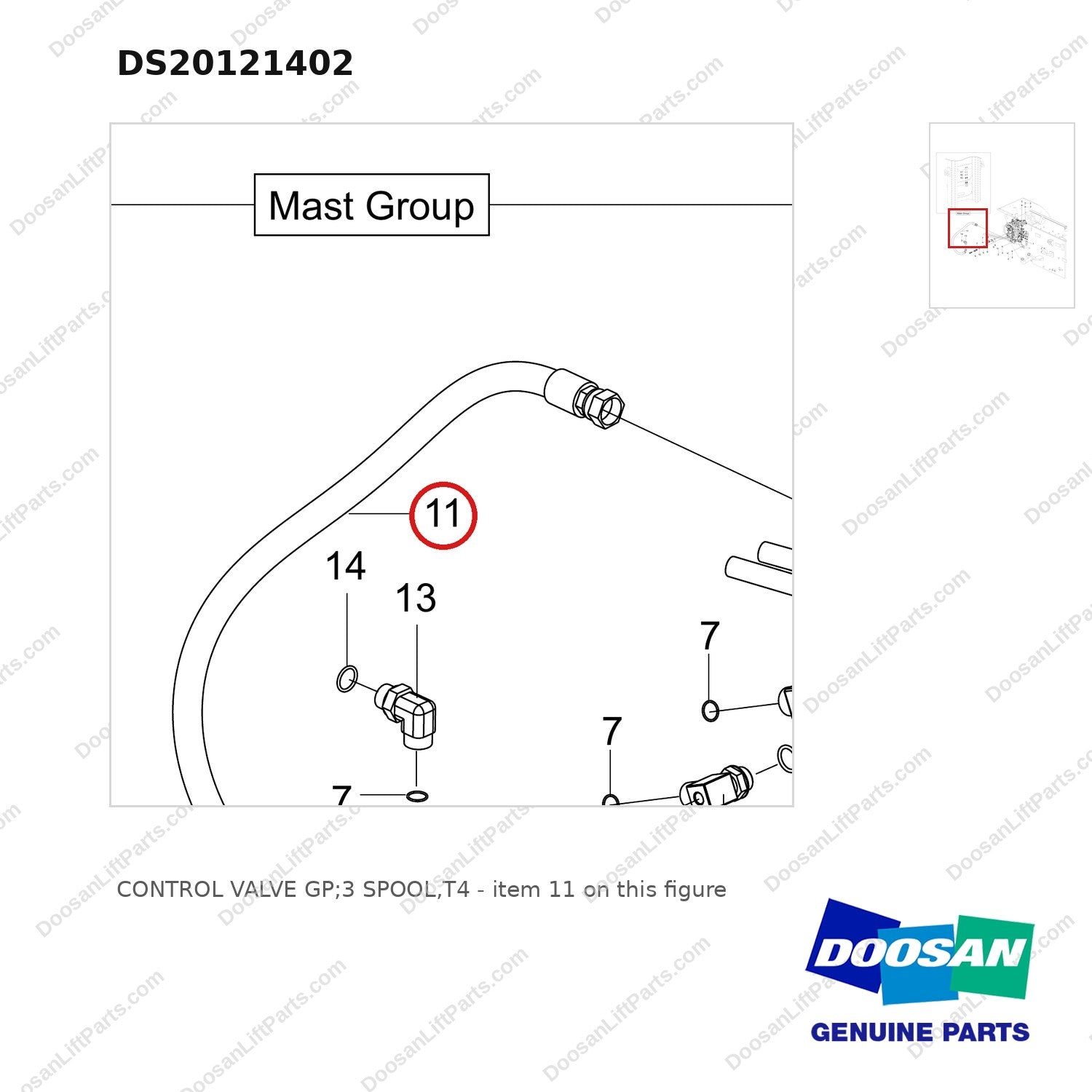 DS20121402 CONTROL VALVE GP;3 SPOOL,T4 - parts diagram, item 11 shown - genuine Doosan / Bobcat forklift part