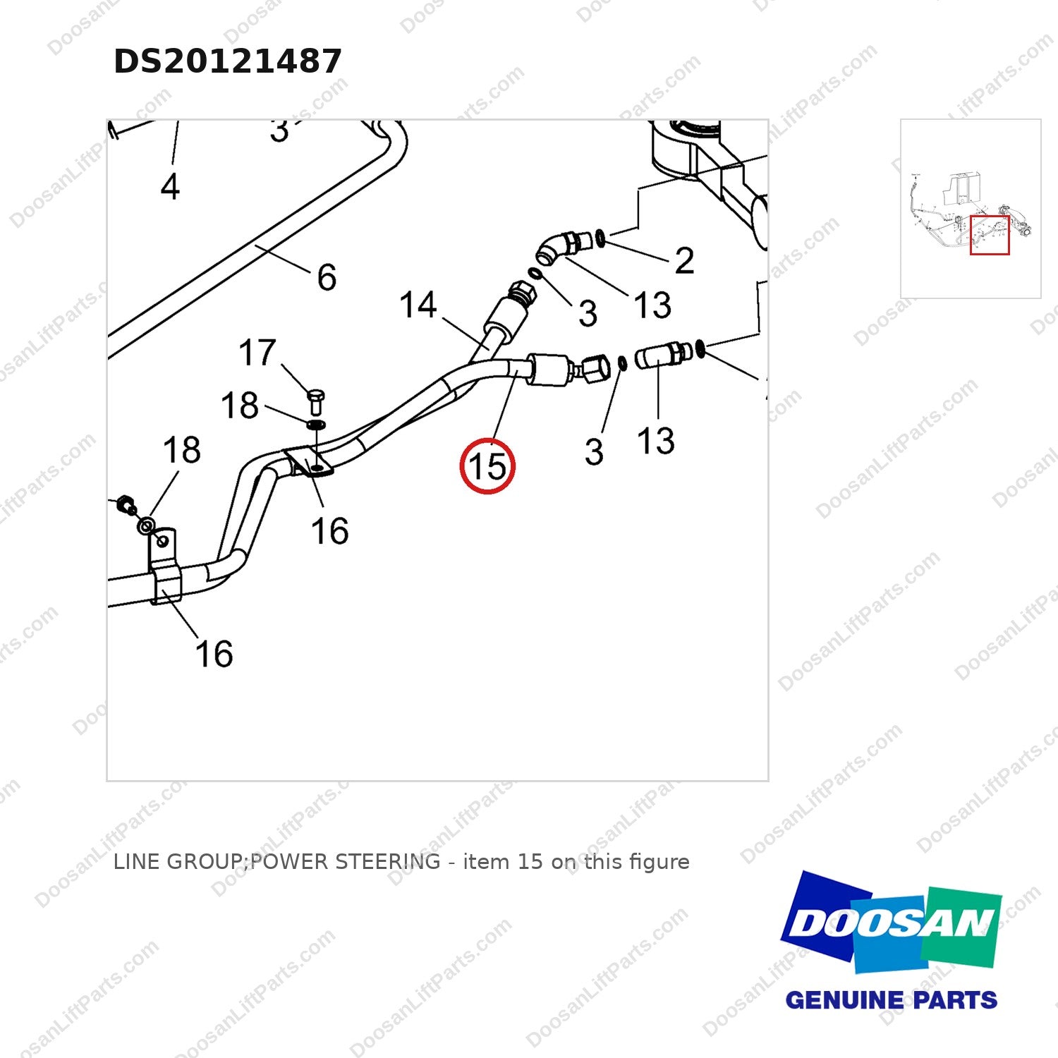 DS20121487 LINE GROUP;POWER STEERING - parts diagram, item 15 shown - genuine Doosan / Bobcat forklift part