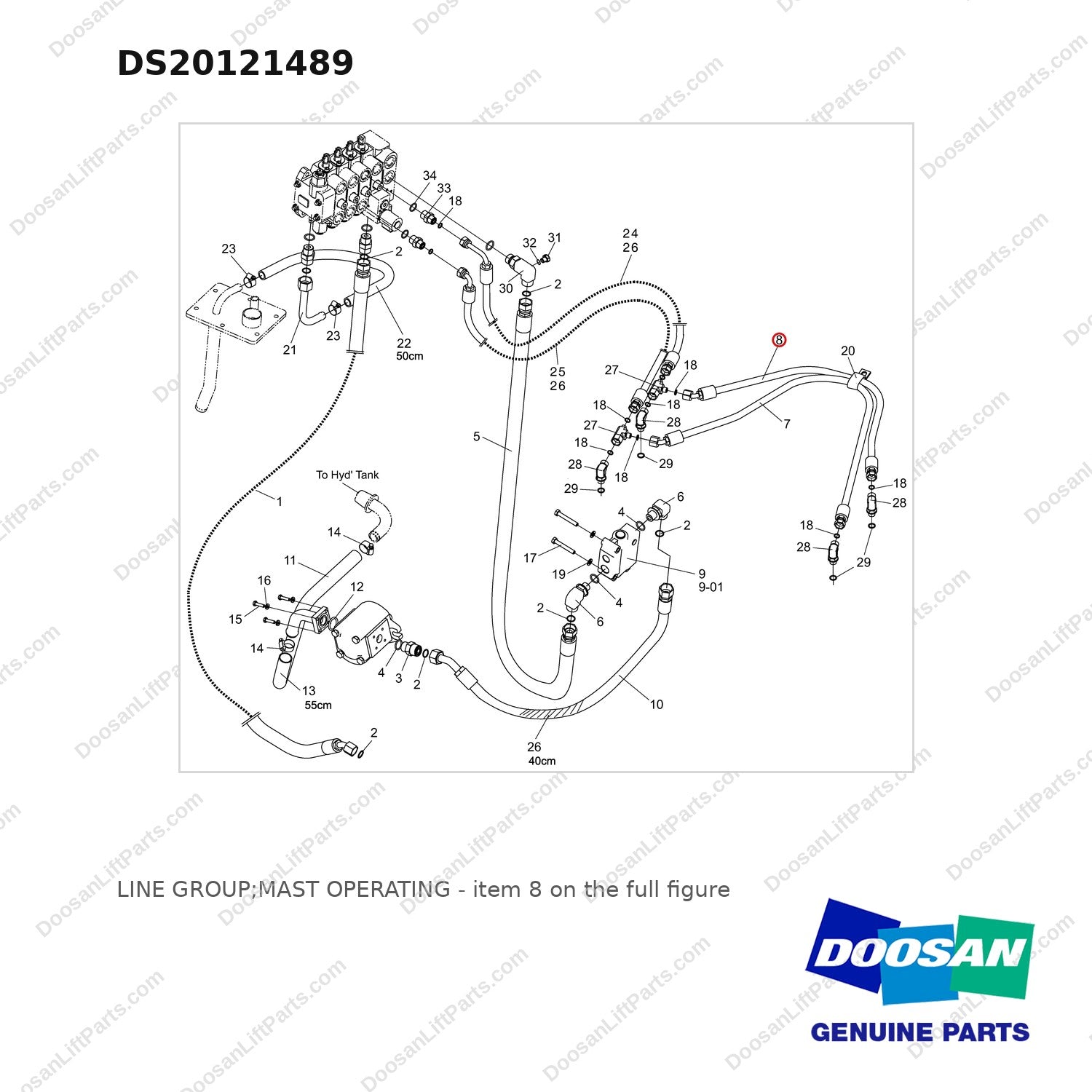 DS20121489 LINE GROUP;MAST OPERATING - full parts diagram, item 8 marked - genuine Doosan / Bobcat forklift part