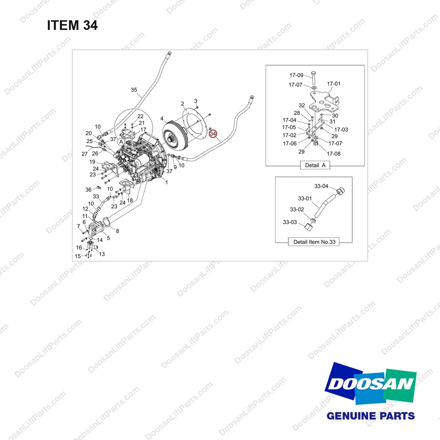 DS20121744 TRANSMISSION GROUP;GC15S-9 - full parts diagram, item 34 marked - genuine Doosan / Bobcat forklift part