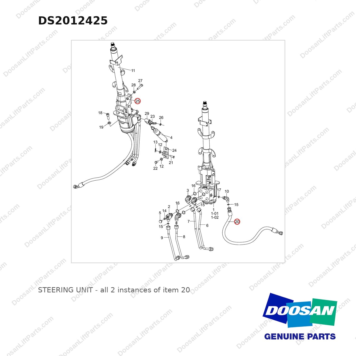 DS2012425 STEERING UNIT - full parts diagram, item 20 marked - genuine Doosan / Bobcat forklift part