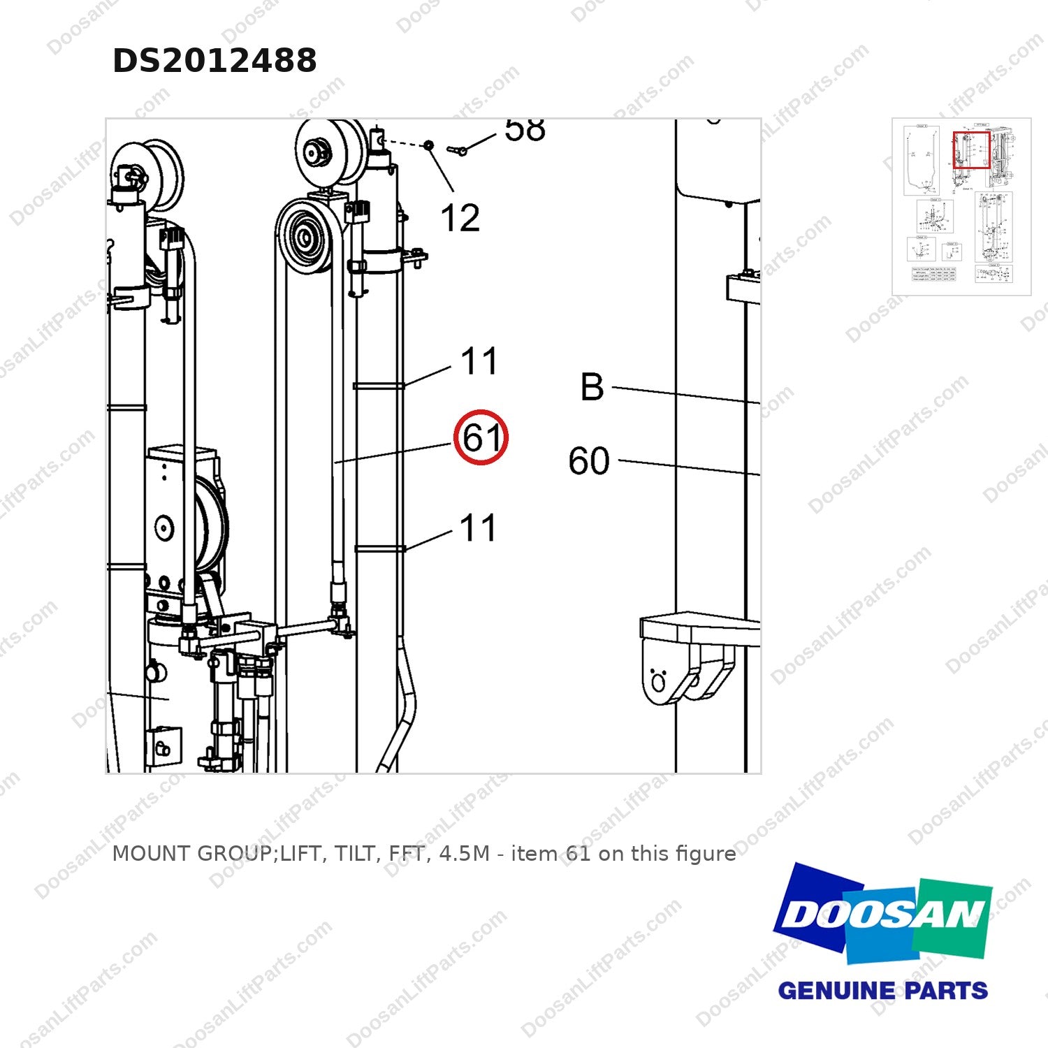 DS2012488 MOUNT GROUP;LIFT, TILT, FFT, 4.5M - parts diagram, item 61 shown - genuine Doosan / Bobcat forklift part