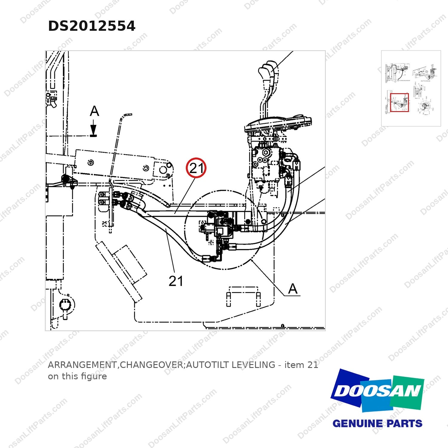 DS2012554 ARRANGEMENT,CHANGEOVER;AUTOTILT LEVELING - parts diagram, item 21 shown - genuine Doosan / Bobcat forklift part