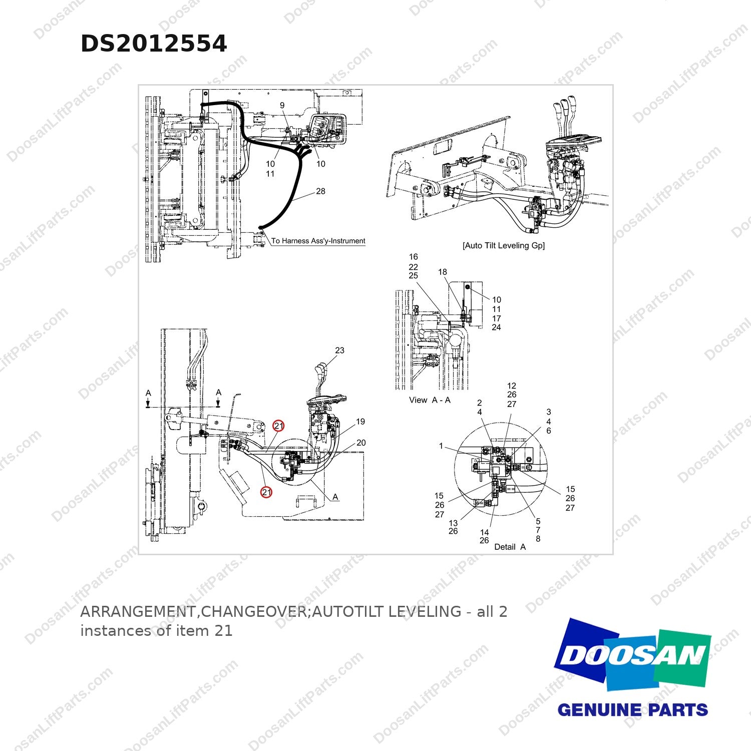 DS2012554 ARRANGEMENT,CHANGEOVER;AUTOTILT LEVELING - full parts diagram, item 21 marked - genuine Doosan / Bobcat forklift part