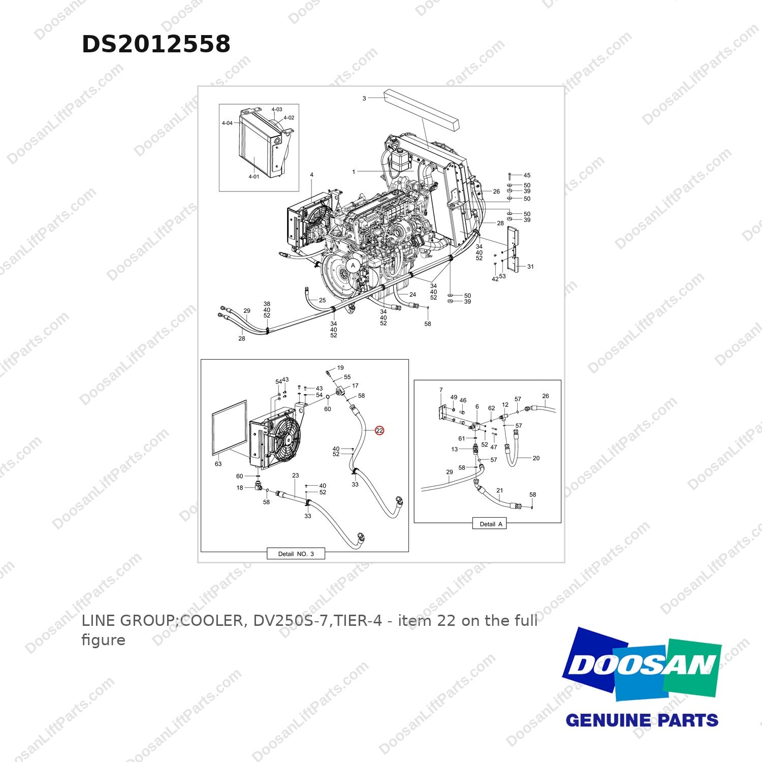 DS2012558 LINE GROUP;COOLER, DV250S-7,TIER-4 - full parts diagram, item 22 marked - genuine Doosan / Bobcat forklift part