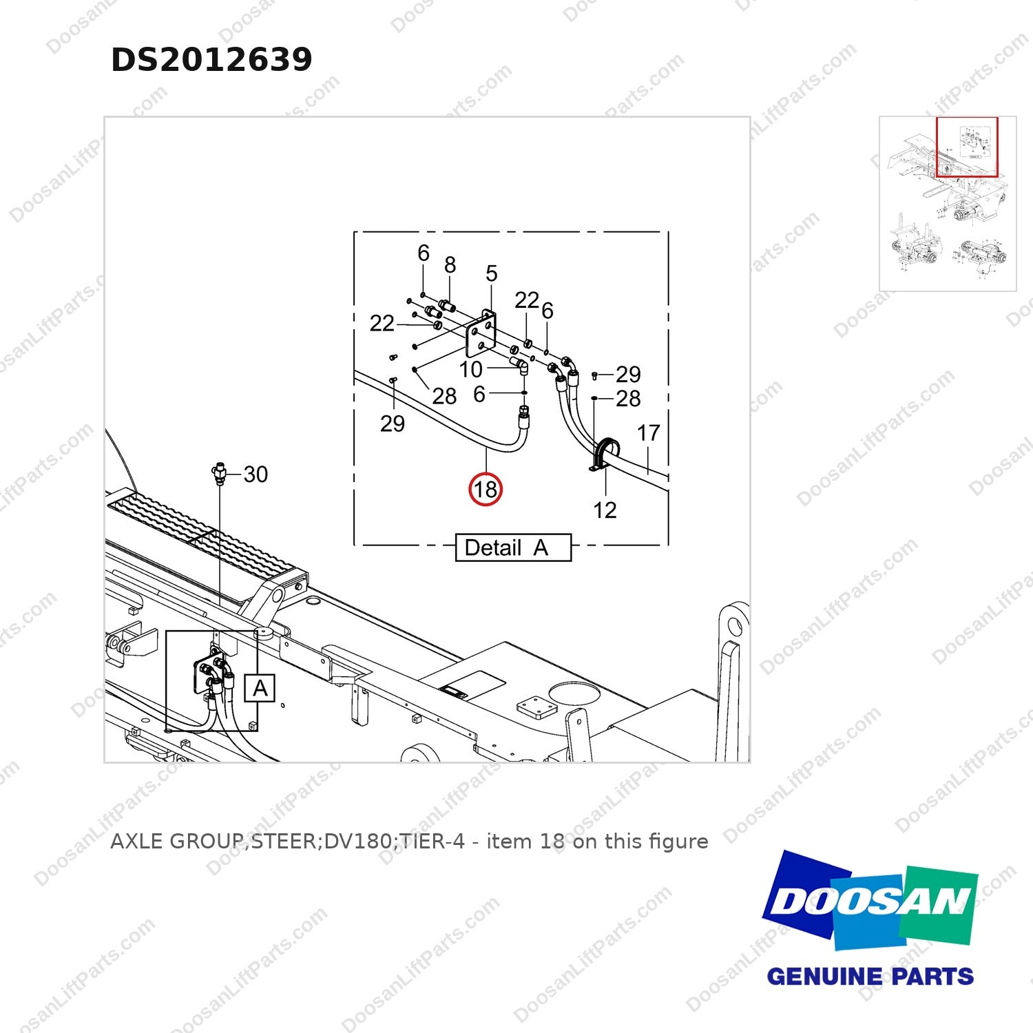 DS2012639 AXLE GROUP,STEER;DV180;TIER-4 - parts diagram, item 18 shown - genuine Doosan / Bobcat forklift part