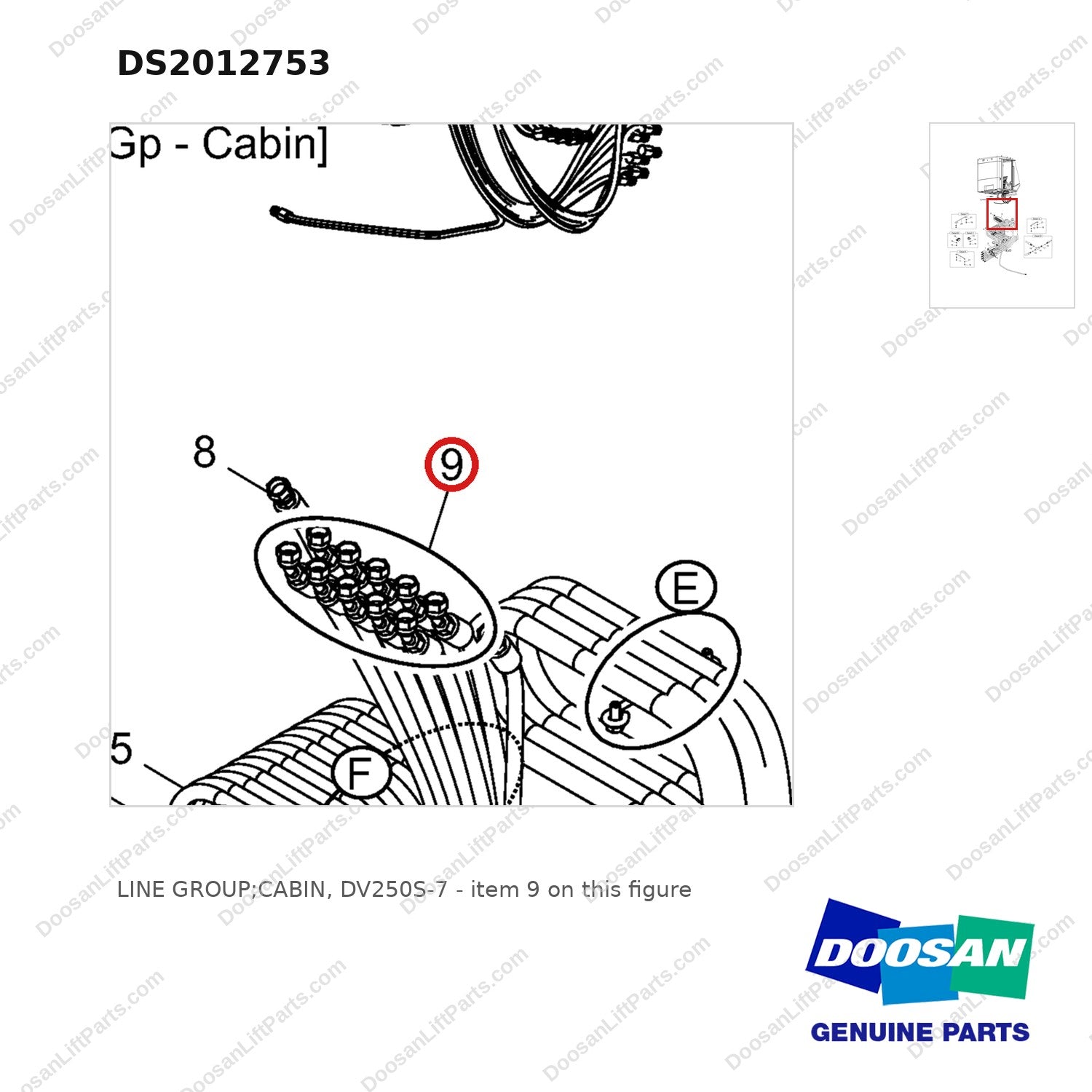 DS2012753 LINE GROUP;CABIN, DV250S-7 - parts diagram, item 9 shown - genuine Doosan / Bobcat forklift part