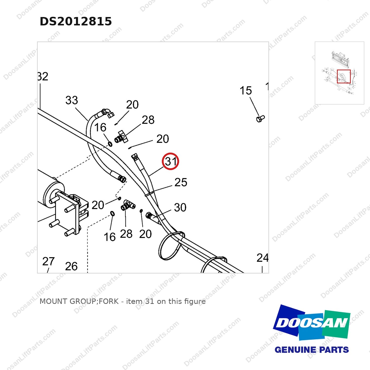 DS2012815 MOUNT GROUP;FORK - parts diagram, item 31 shown - genuine Doosan / Bobcat forklift part