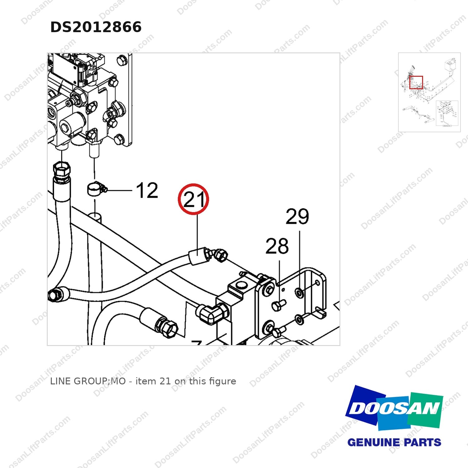 DS2012866 LINE GROUP;MO - parts diagram, item 21 shown - genuine Doosan / Bobcat forklift part